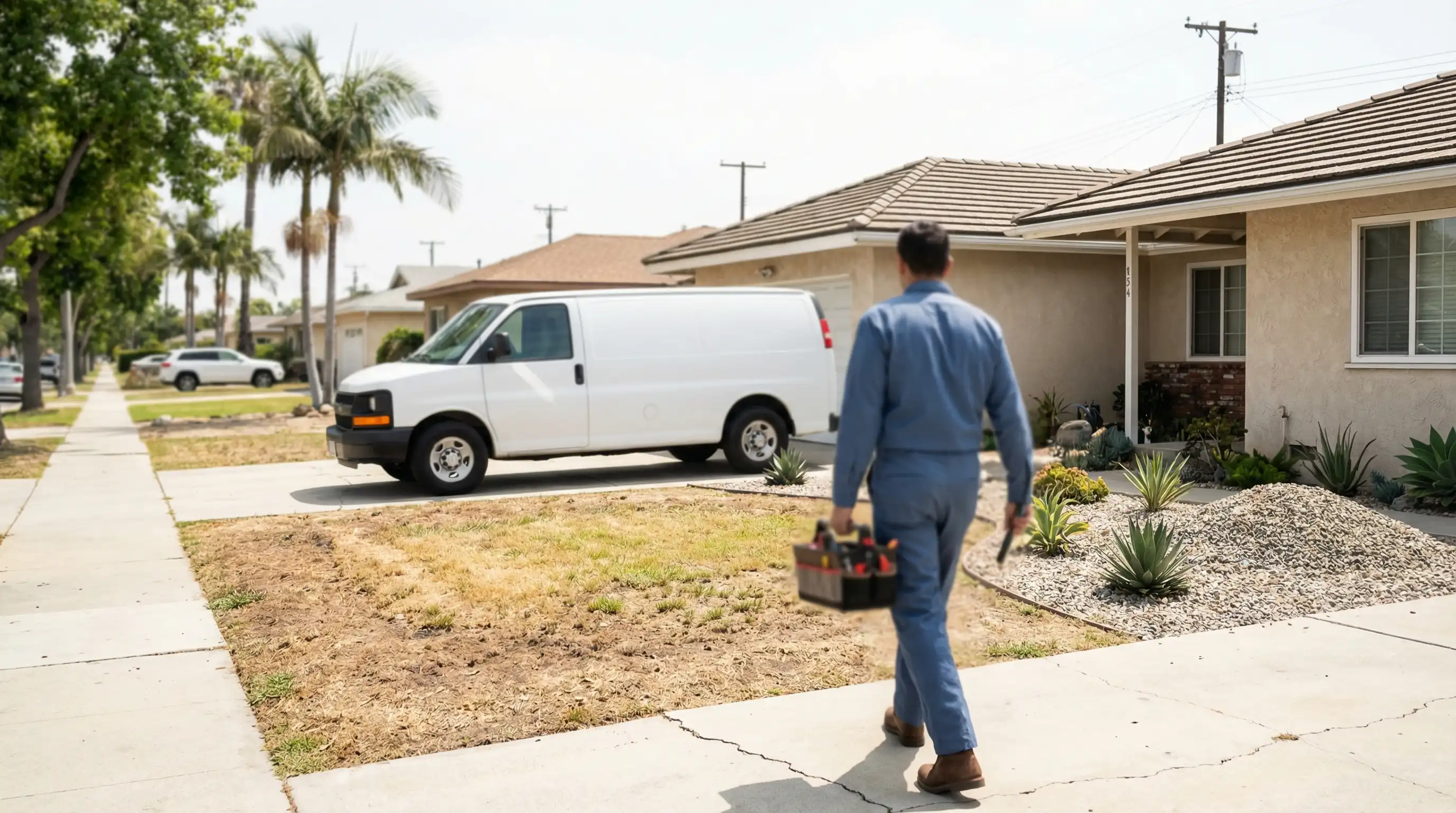 Professional plumber in uniform working under a kitchen sink in a Garden Grove, CA home, tightening pipe fittings with precision tools