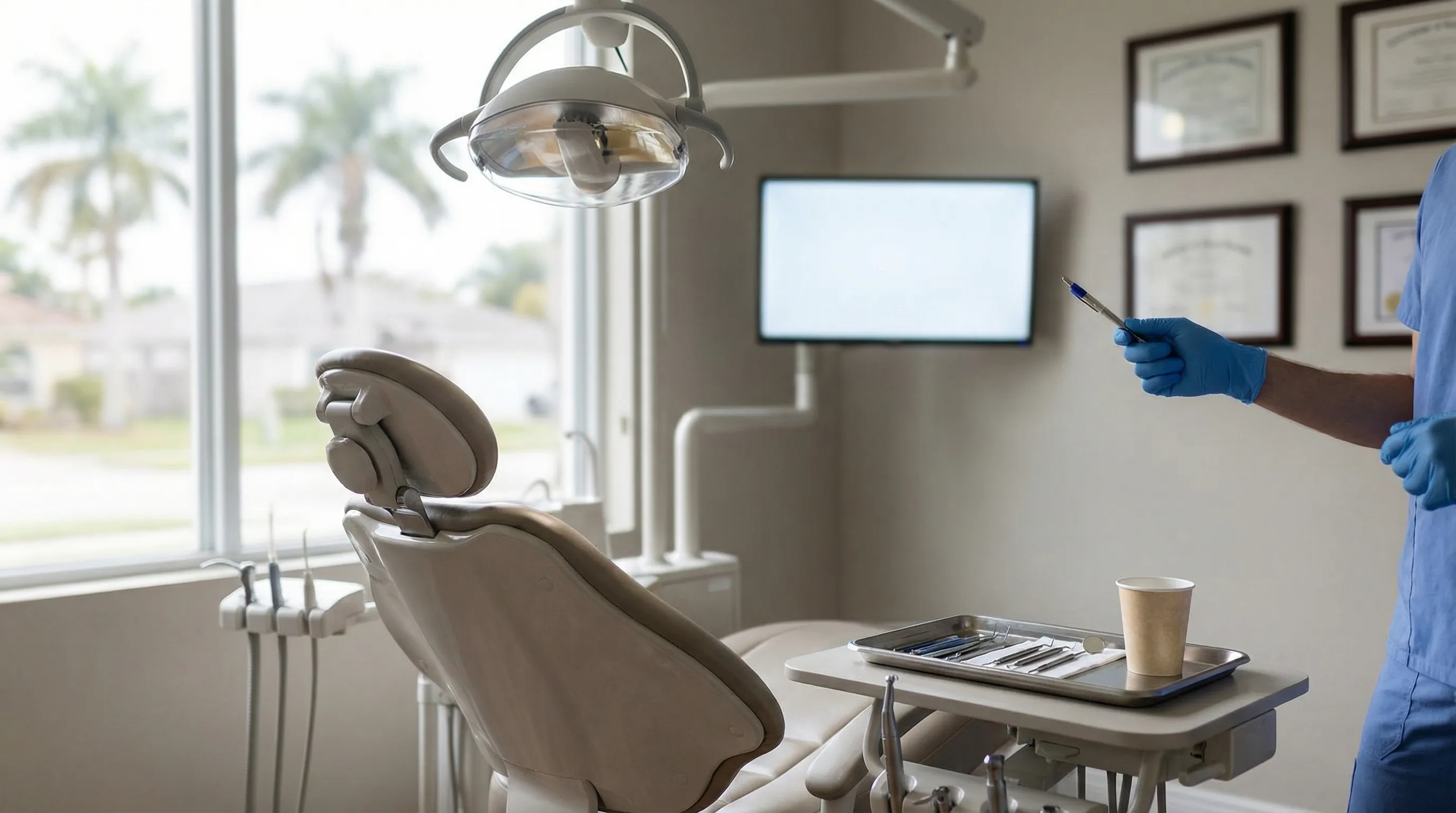 Modern dental treatment room in Garden Grove, CA with a patient in a reclined chair and a dentist reviewing digital X-rays on a wall monitor