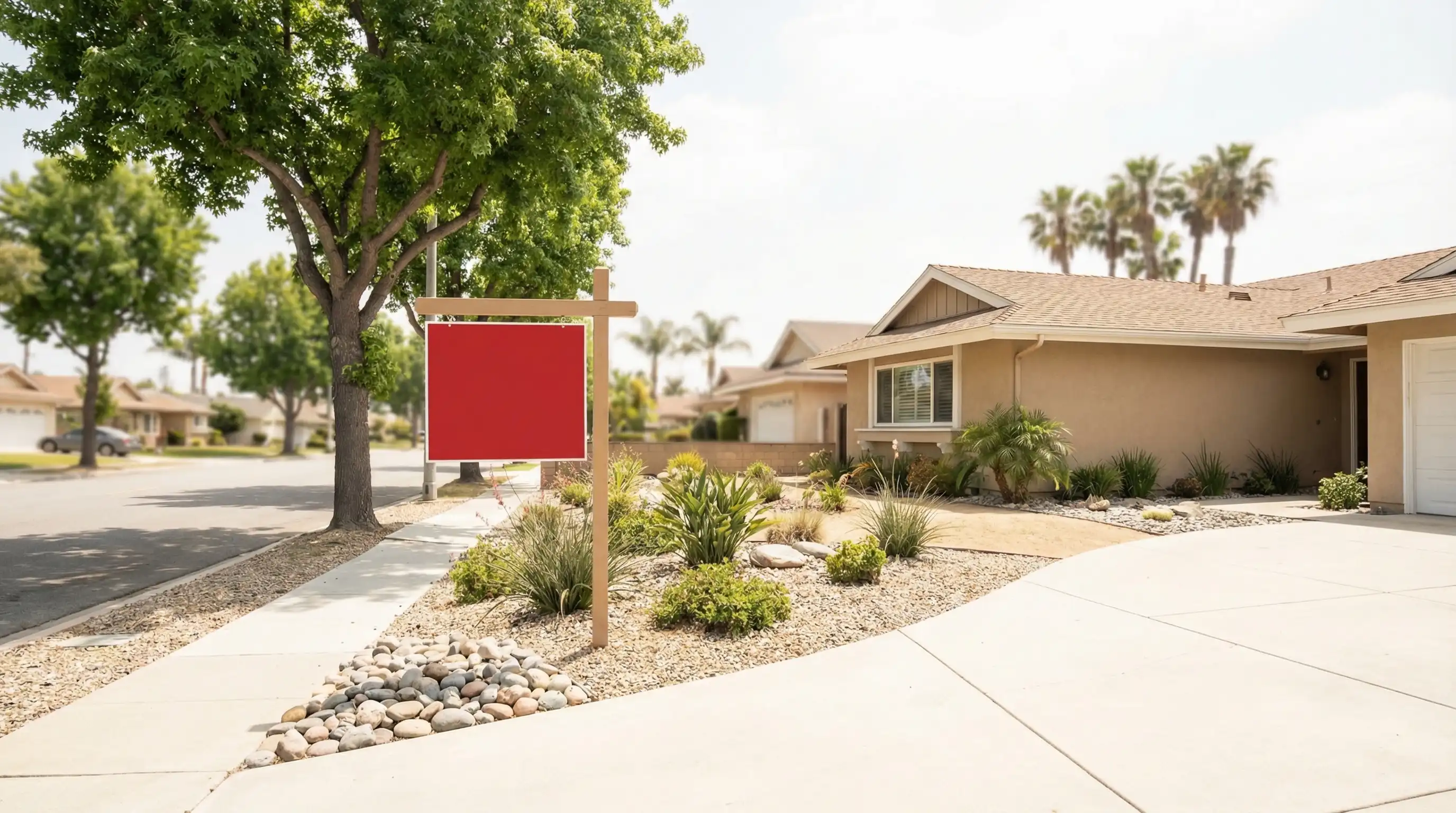 Garden Grove real estate agent with Korean-American couple at the front door of a 1970s stucco ranch home with a SOLD sign on the lawn