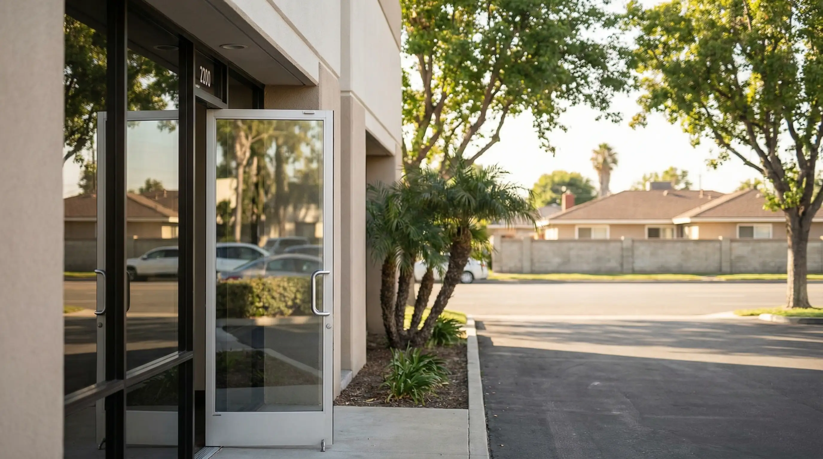 Immigration law office on Garden Grove Blvd with bilingual English and Vietnamese signage, attorney standing at glass door holding a folder