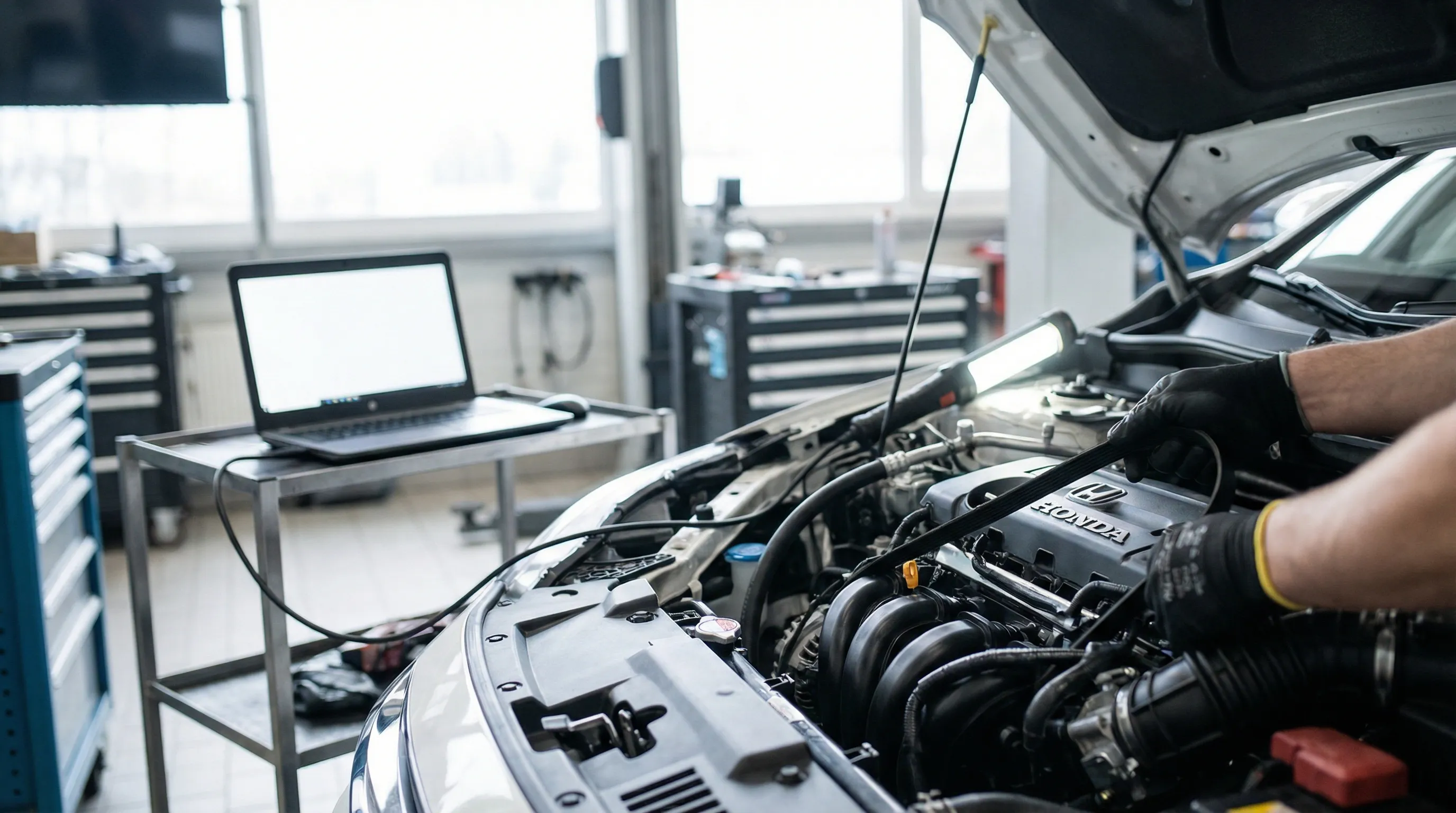 Garden Grove mechanic in branded uniform shaking hands with Vietnamese-American customer beside an open Honda hood in a boulevard auto shop lot