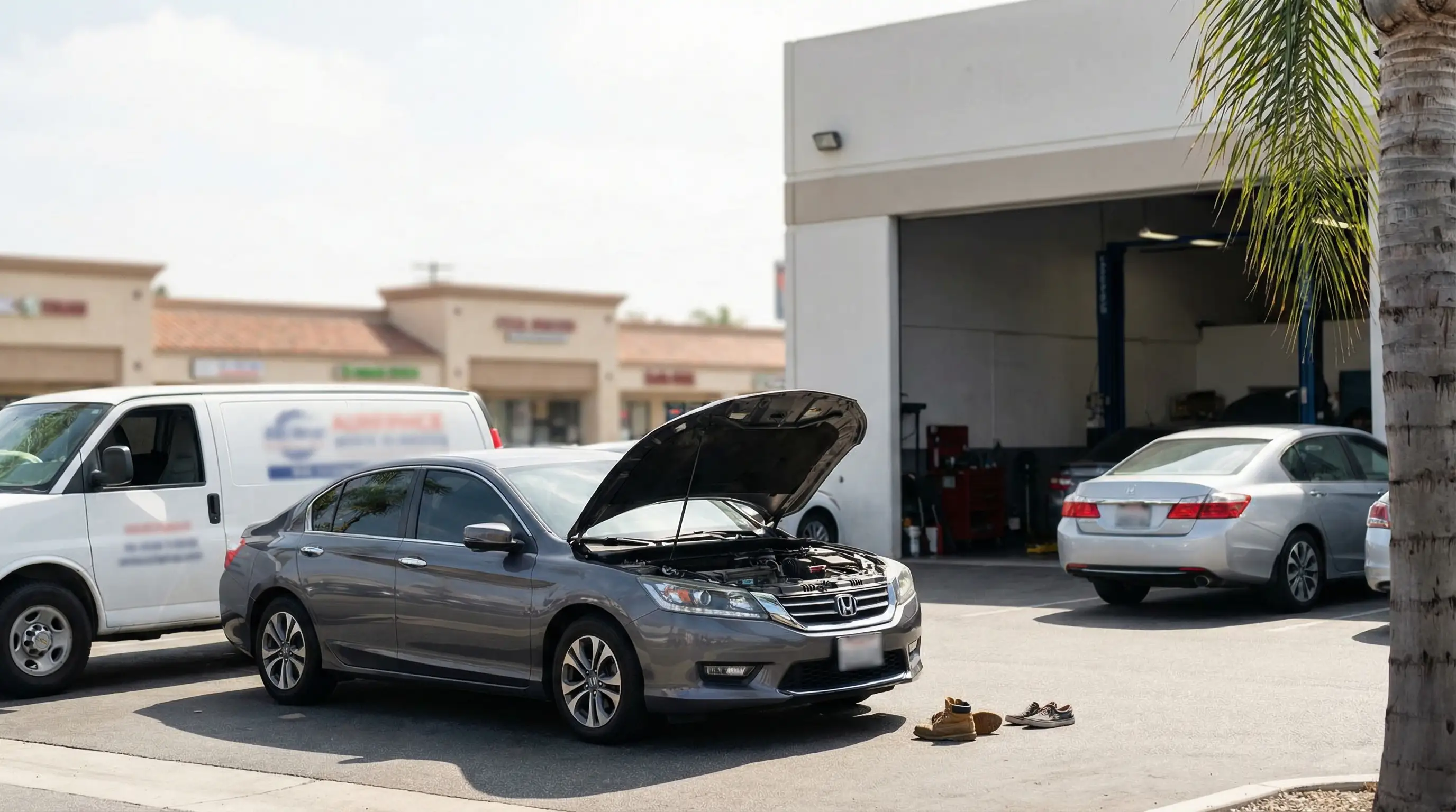 Garden Grove mechanic in branded uniform shaking hands with Vietnamese-American customer beside an open Honda hood in a boulevard auto shop lot