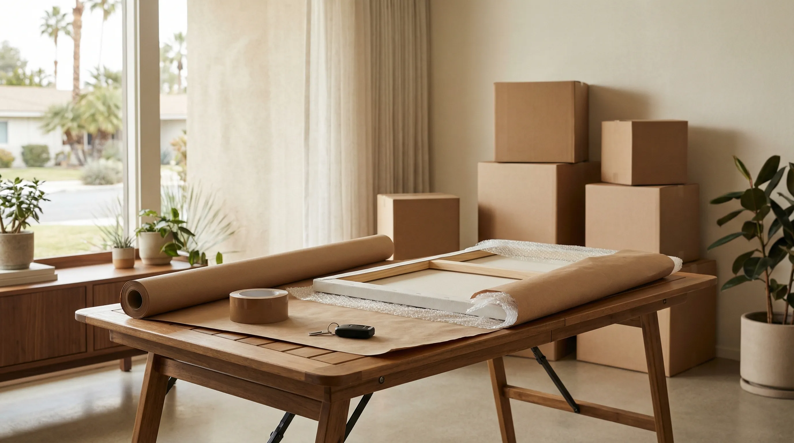 Daly Movers branded truck backed up to a Garden Grove ranch home with uniformed movers carrying a wrapped sofa across a sunny driveway