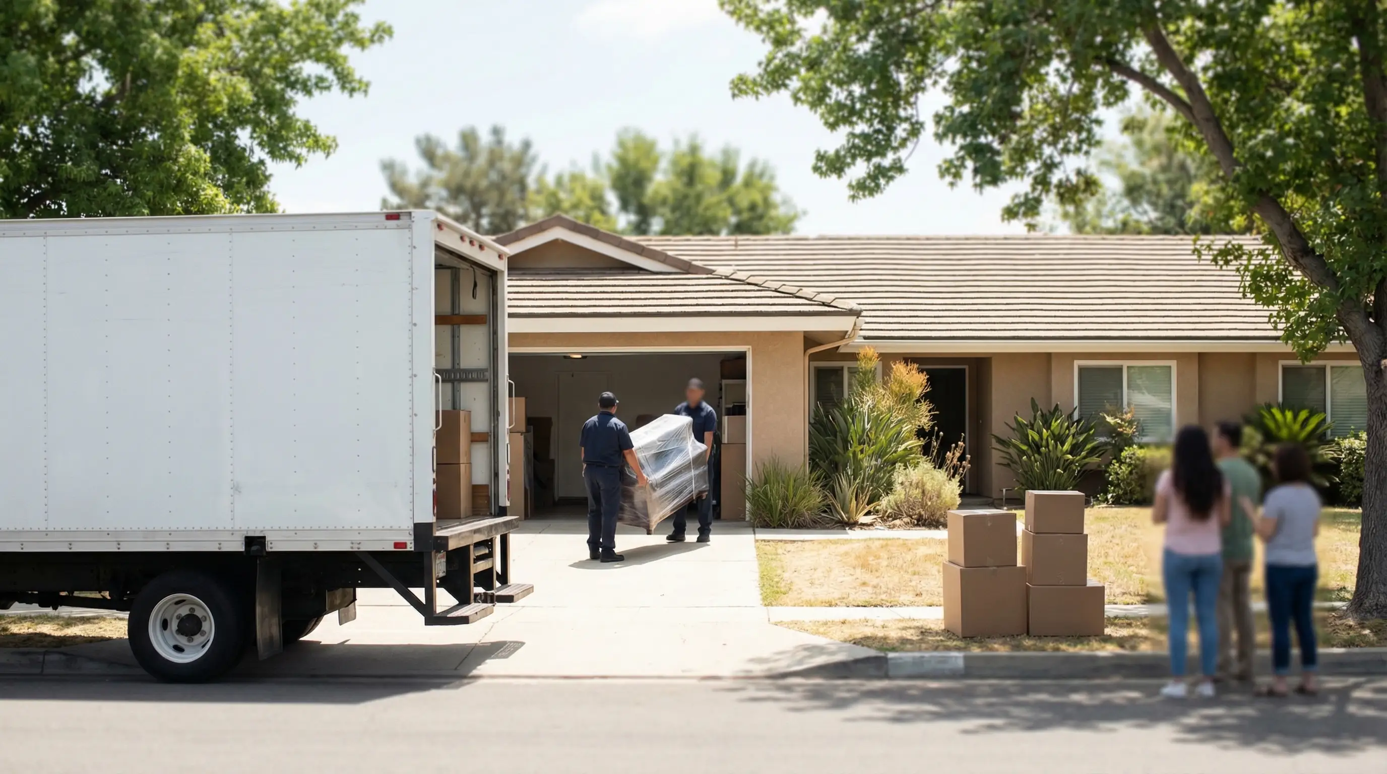 Daly Movers branded truck backed up to a Garden Grove ranch home with uniformed movers carrying a wrapped sofa across a sunny driveway