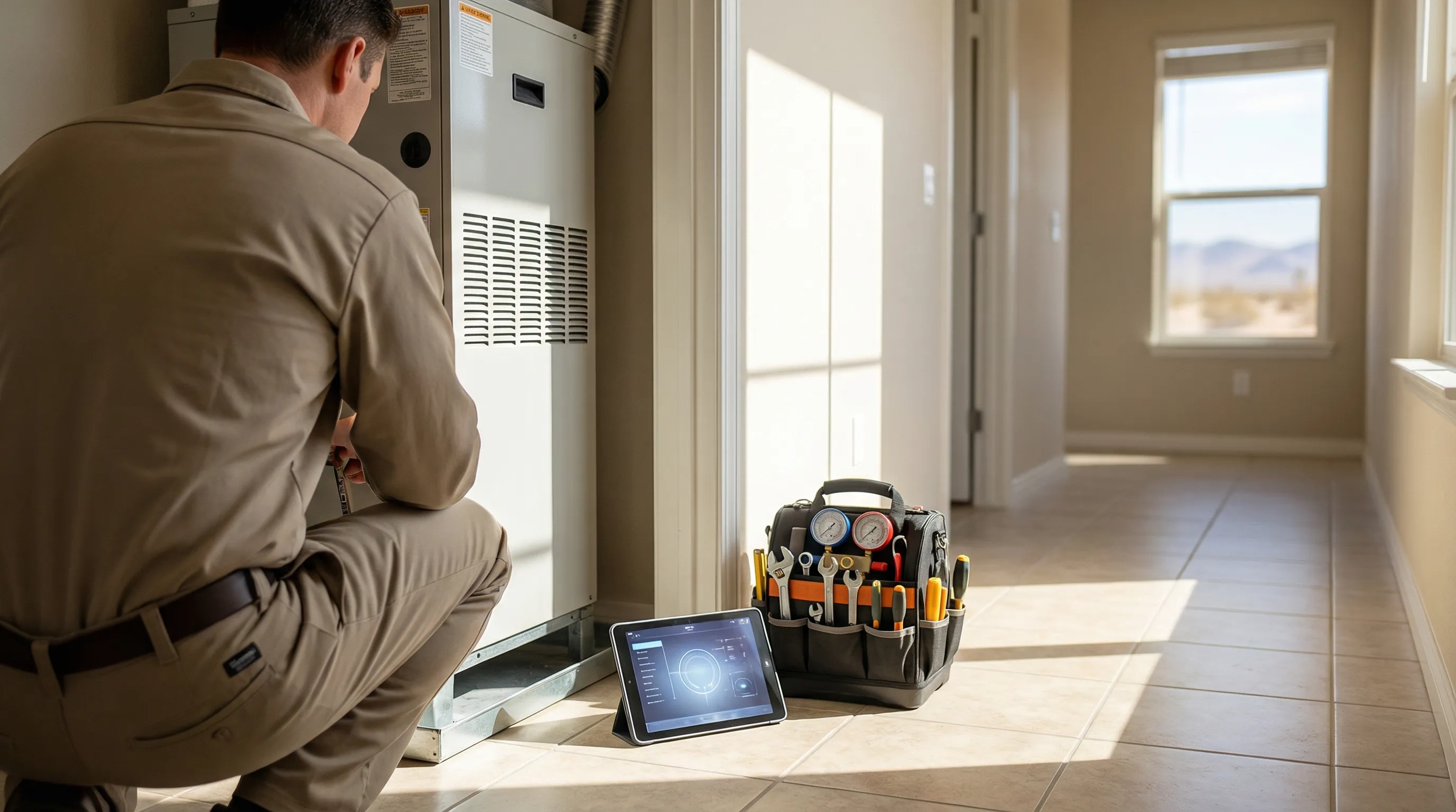 Professional HVAC technician servicing an air conditioning unit at a Palmdale, CA residential home
