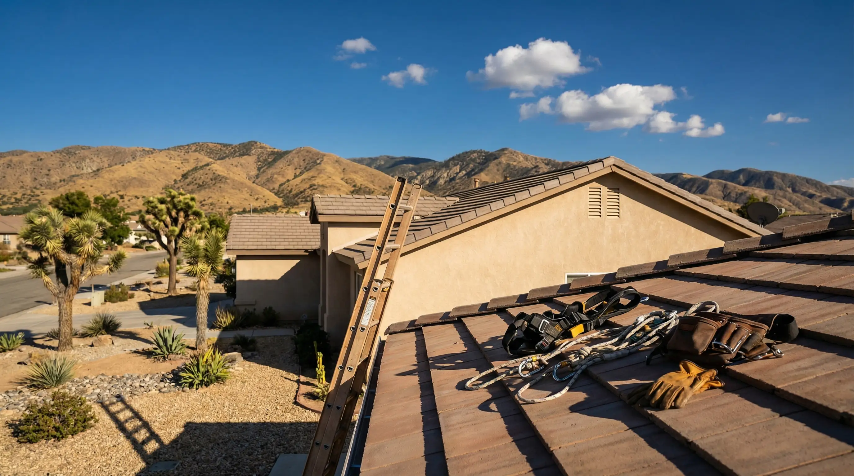Professional roofer inspecting a tile roof on a single-story stucco home in Palmdale, CA with desert landscape and blue sky in background