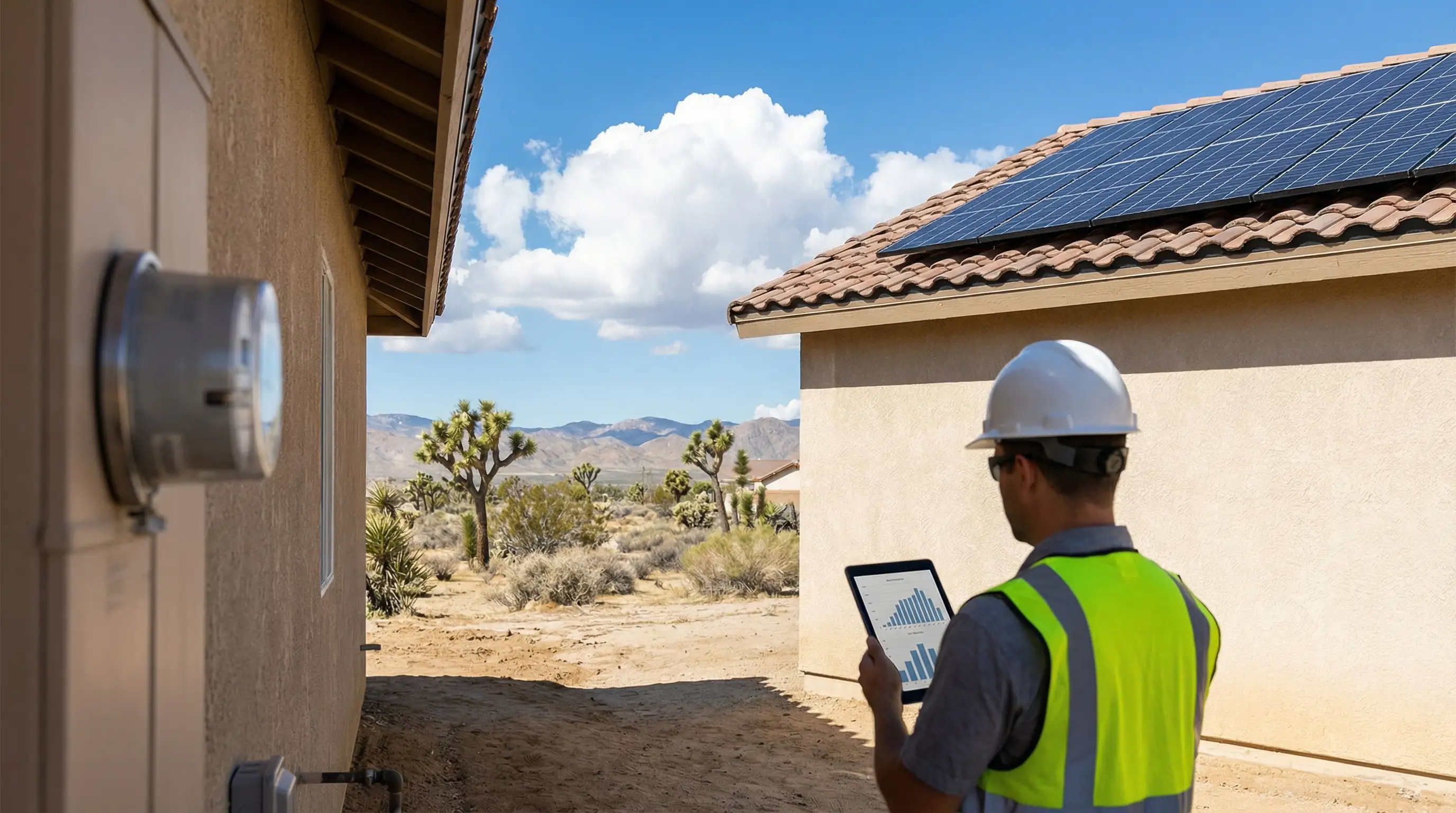 Solar installation technician reviewing a monitoring tablet in front of completed residential solar panels on a Palmdale, CA home with desert sky