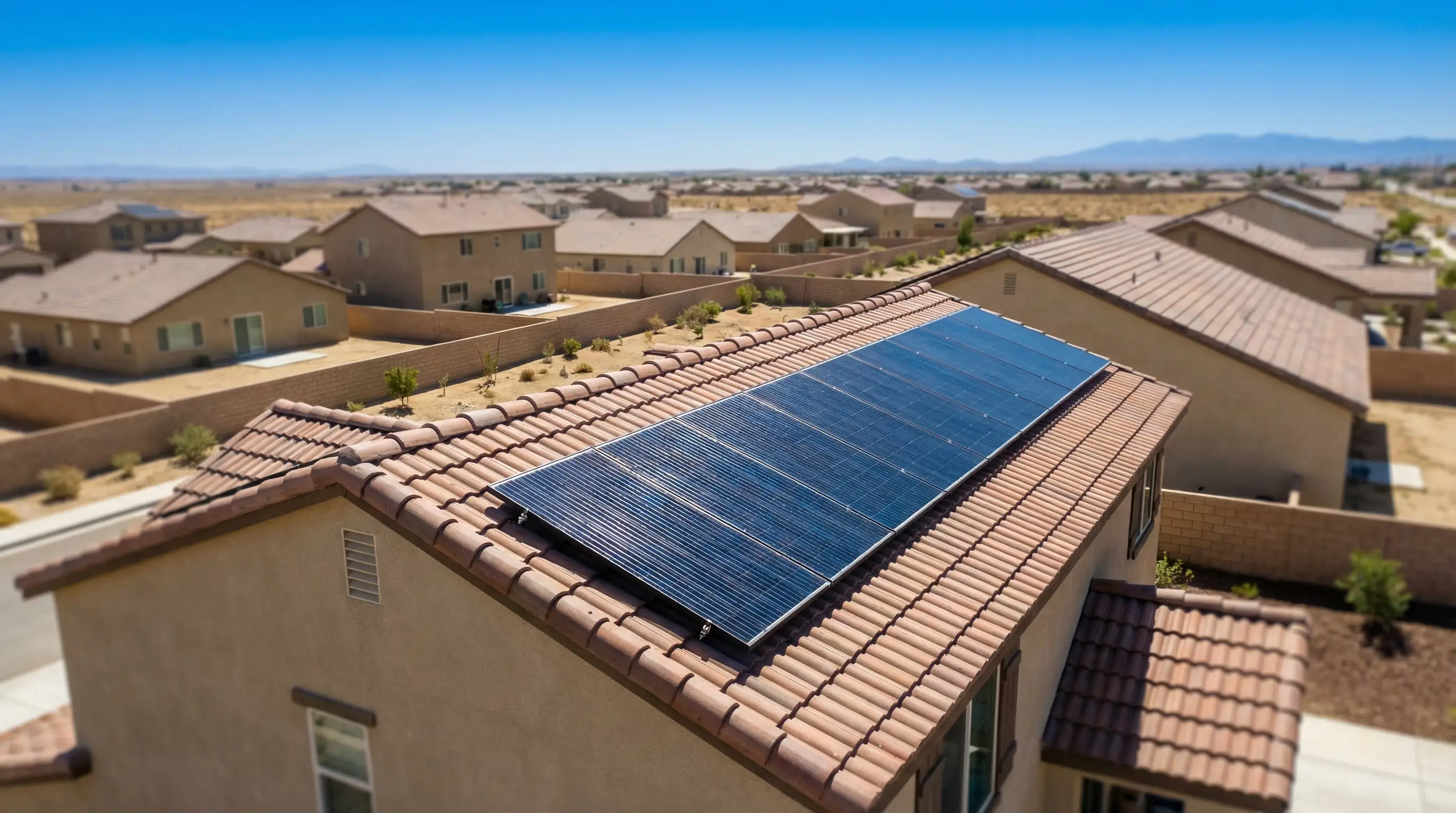 Solar installation technician reviewing a monitoring tablet in front of completed residential solar panels on a Palmdale, CA home with desert sky