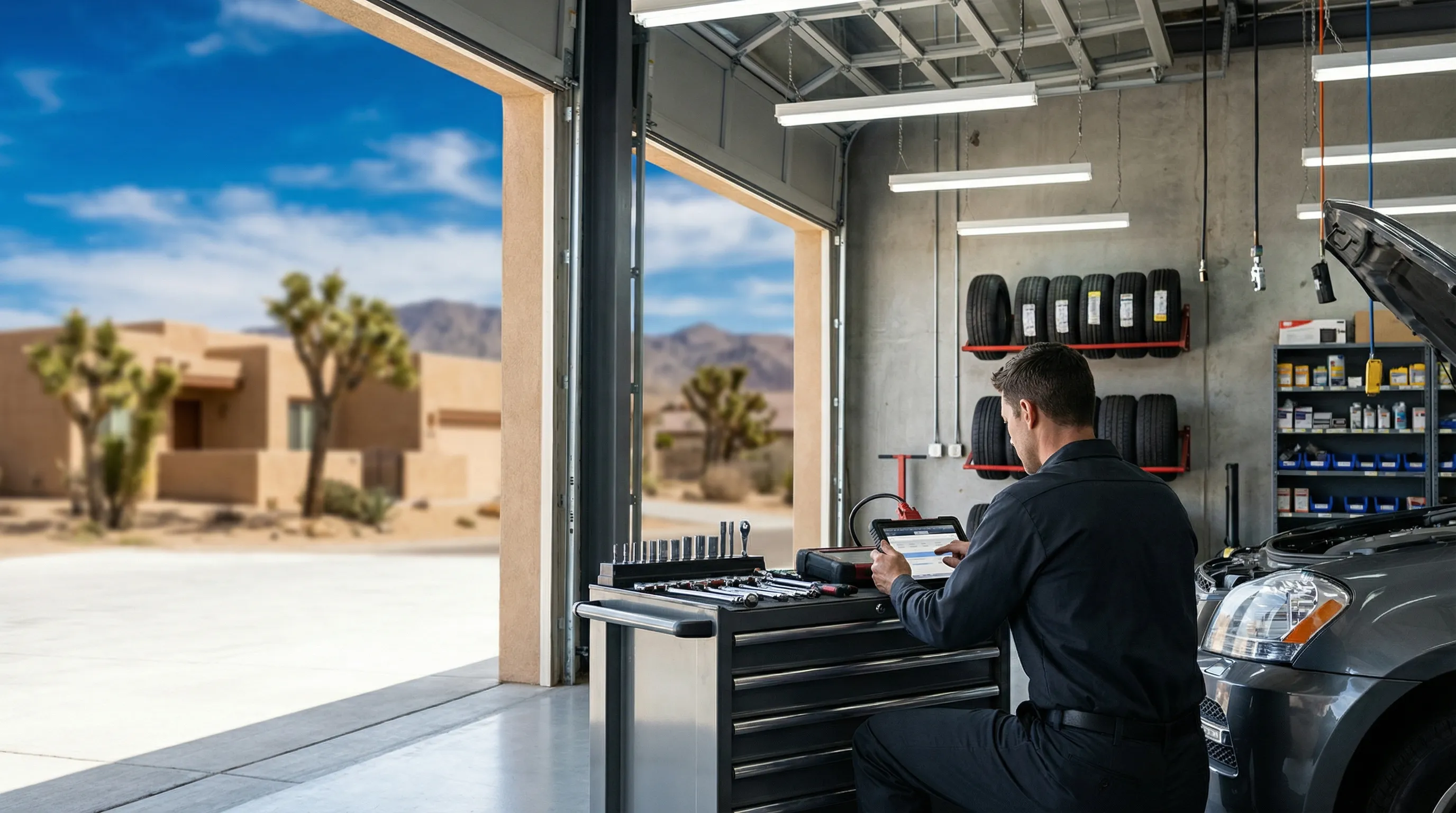 Auto mechanic using a diagnostic scanner tool on a vehicle at an independent repair shop in Palmdale, CA