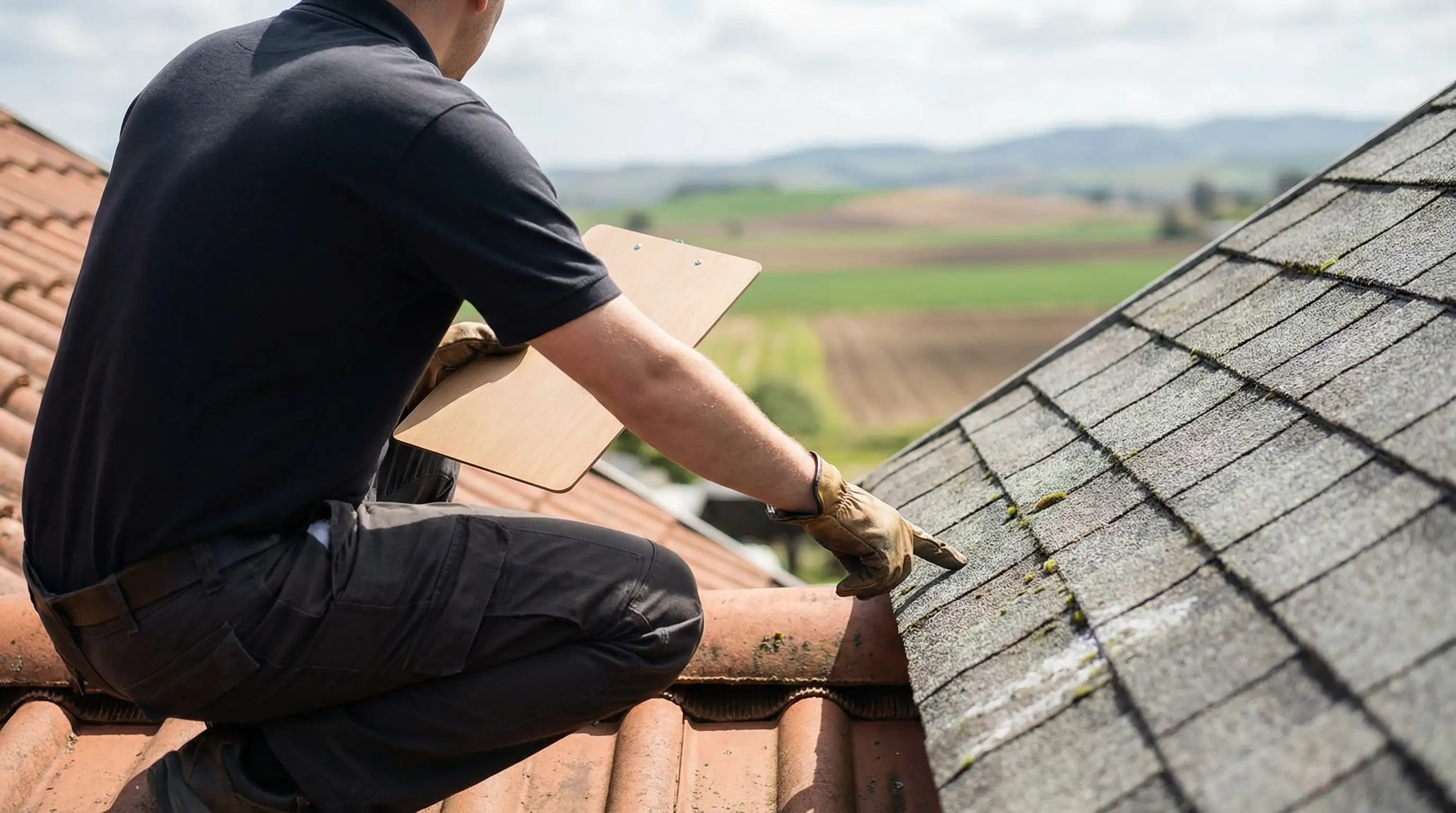 Professional roofing contractor inspecting a tile roof in Salinas, CA with the Salinas Valley agricultural fields visible in the background