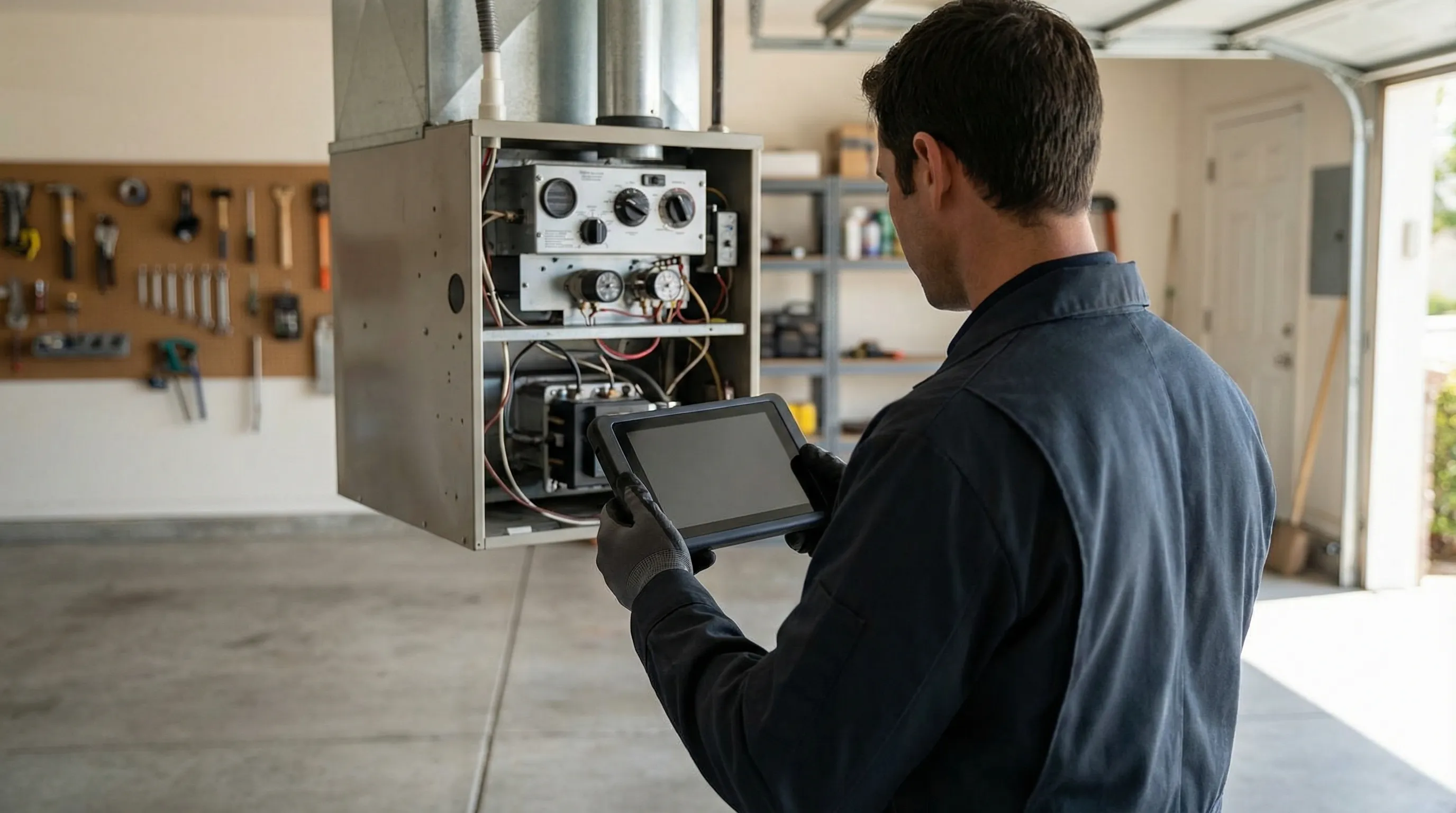 HVAC technician inspecting an outdoor AC condenser unit at a stucco home in Salinas, CA with the Salinas Valley in the background