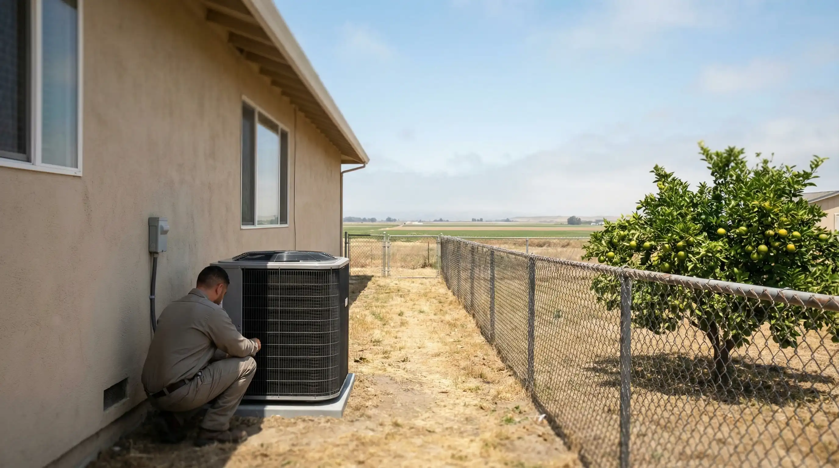 HVAC technician inspecting an outdoor AC condenser unit at a stucco home in Salinas, CA with the Salinas Valley in the background