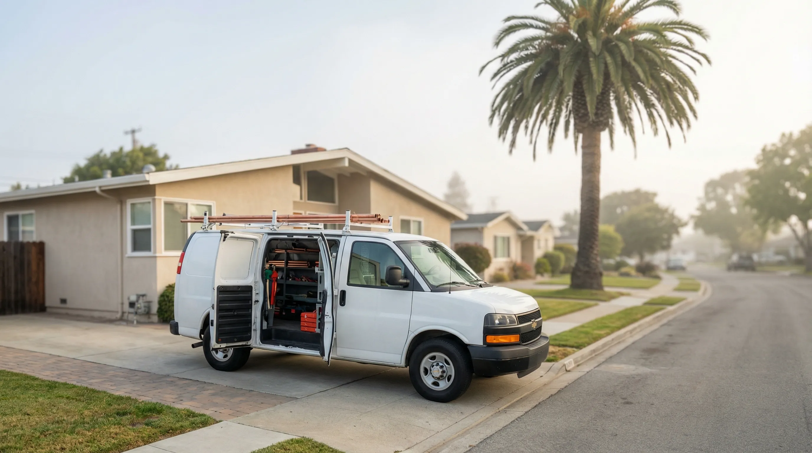 Licensed plumber working under a kitchen sink in a Salinas, CA home with tools and copper pipes visible
