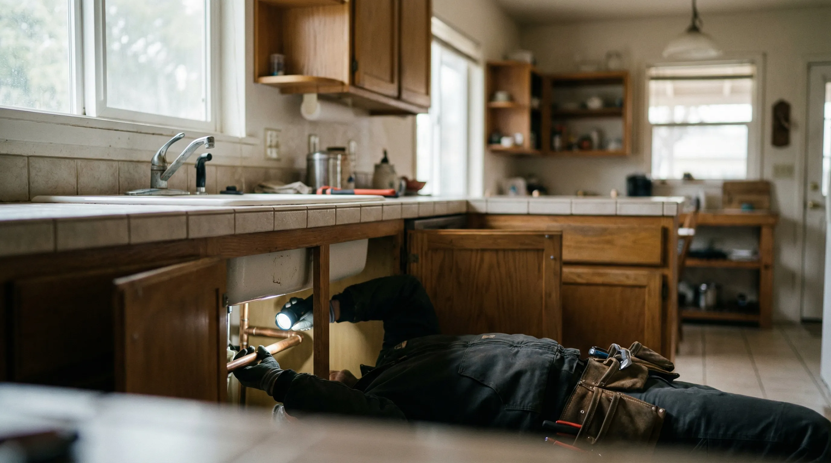 Licensed plumber working under a kitchen sink in a Salinas, CA home with tools and copper pipes visible