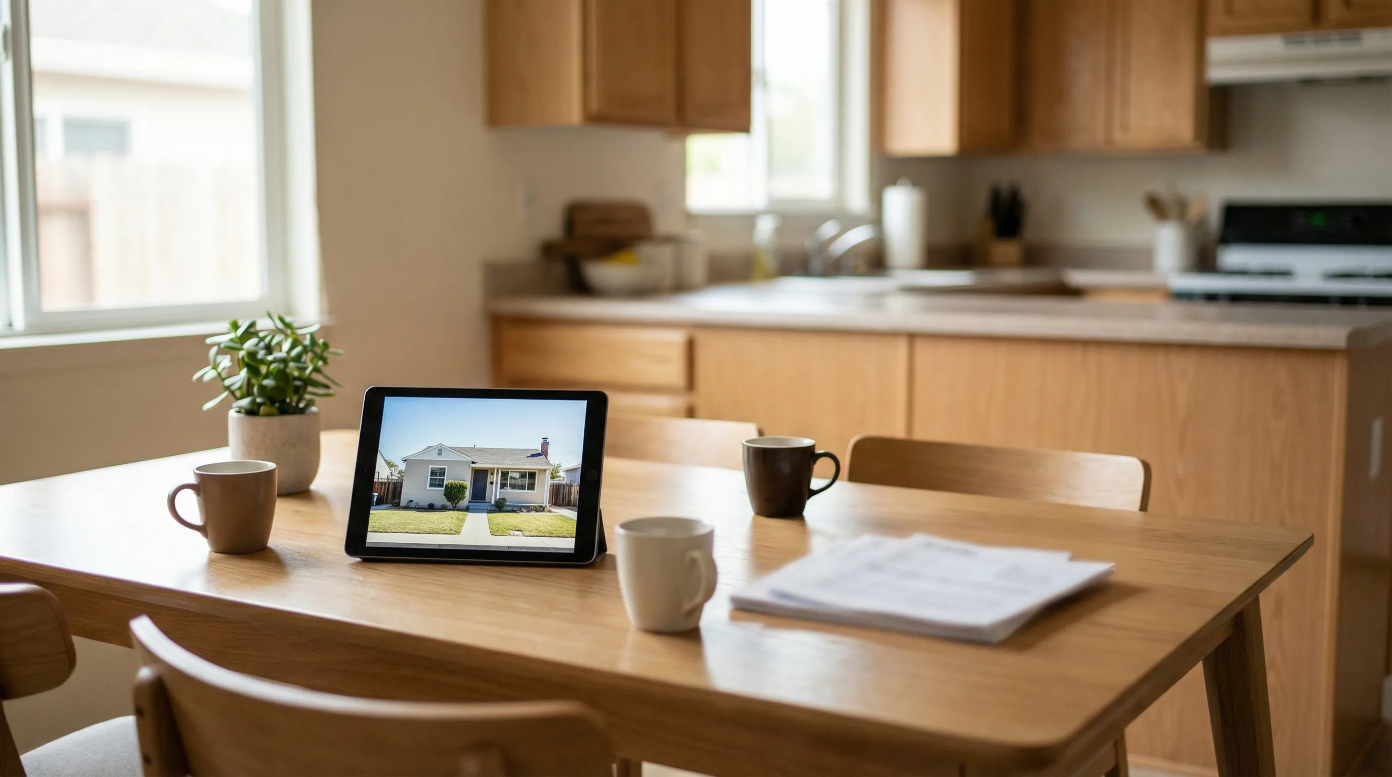 Real estate agent showing a California ranch-style home to a young couple in Salinas, CA with the Salinas Valley visible in the background