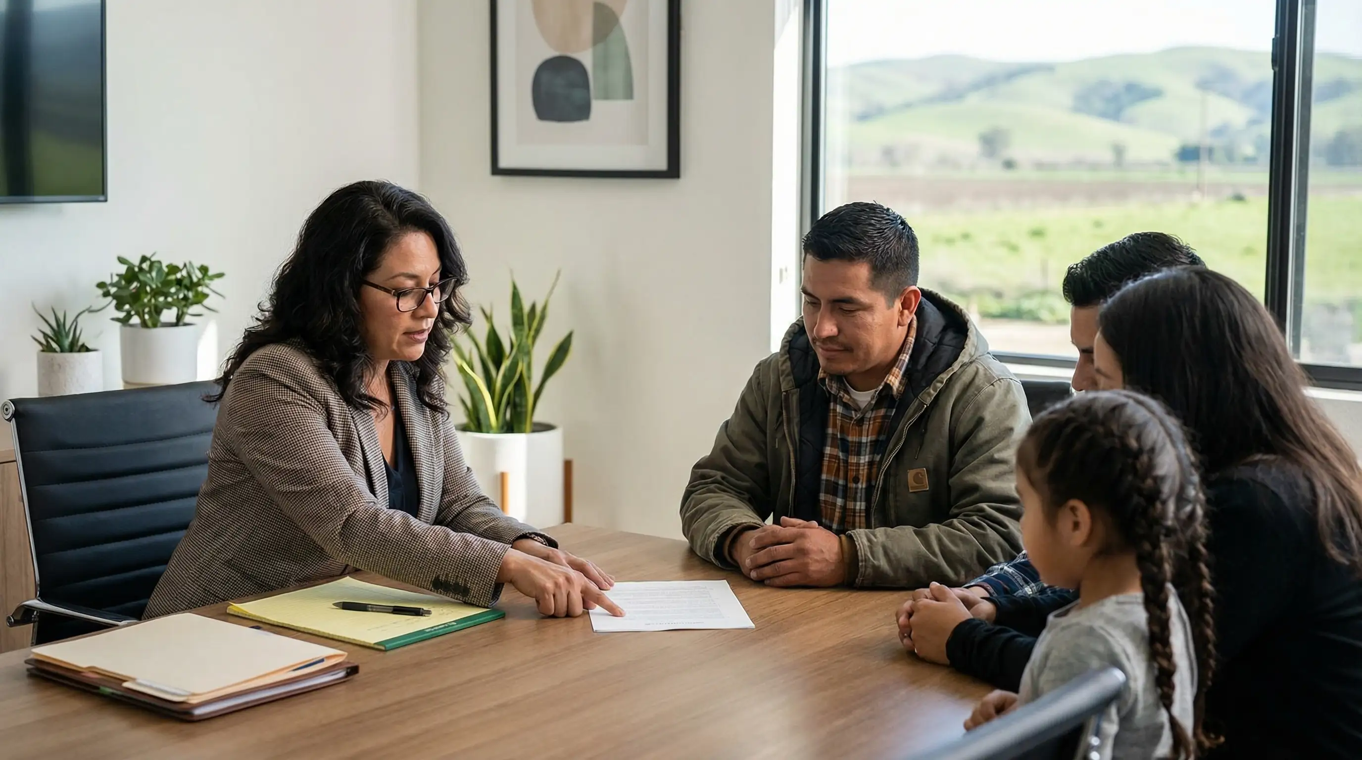 Professional law office exterior in downtown Salinas, CA — bilingual English/Spanish signage visible, California afternoon light, palm tree in foreground