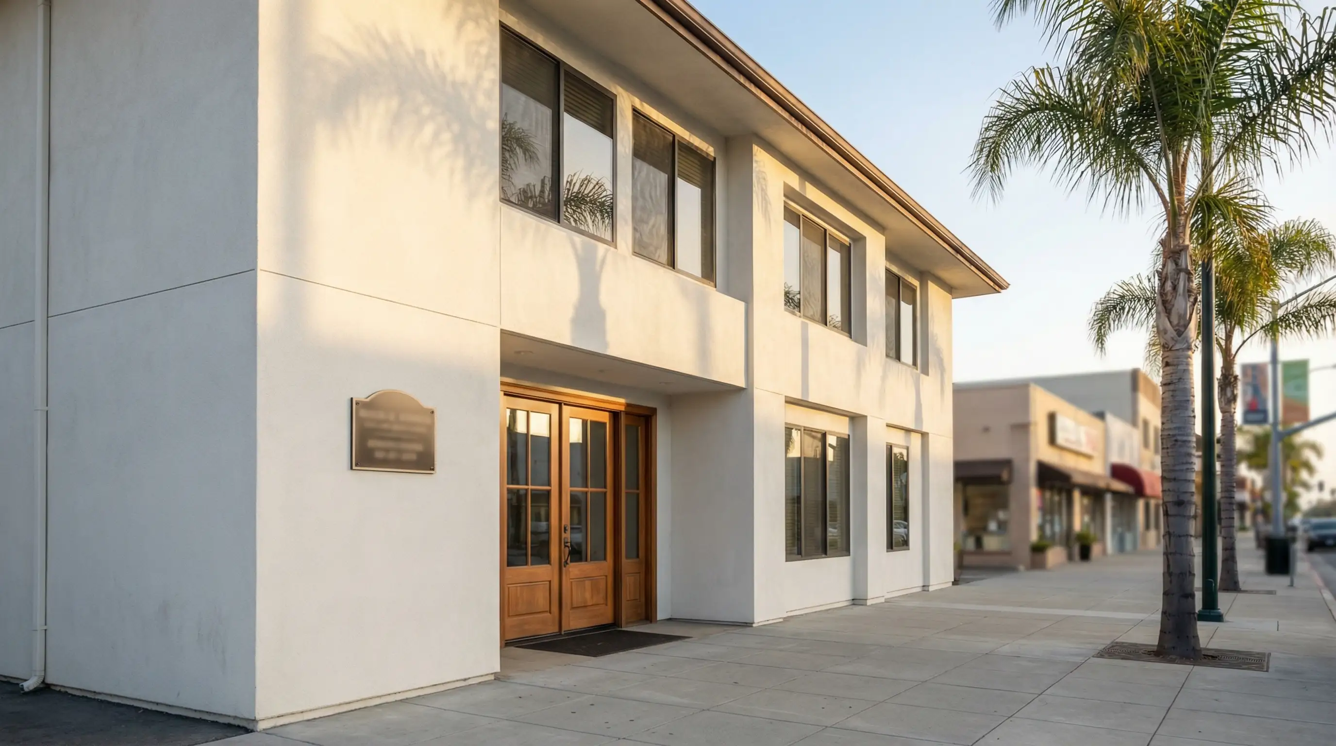 Professional law office exterior in downtown Salinas, CA — bilingual English/Spanish signage visible, California afternoon light, palm tree in foreground