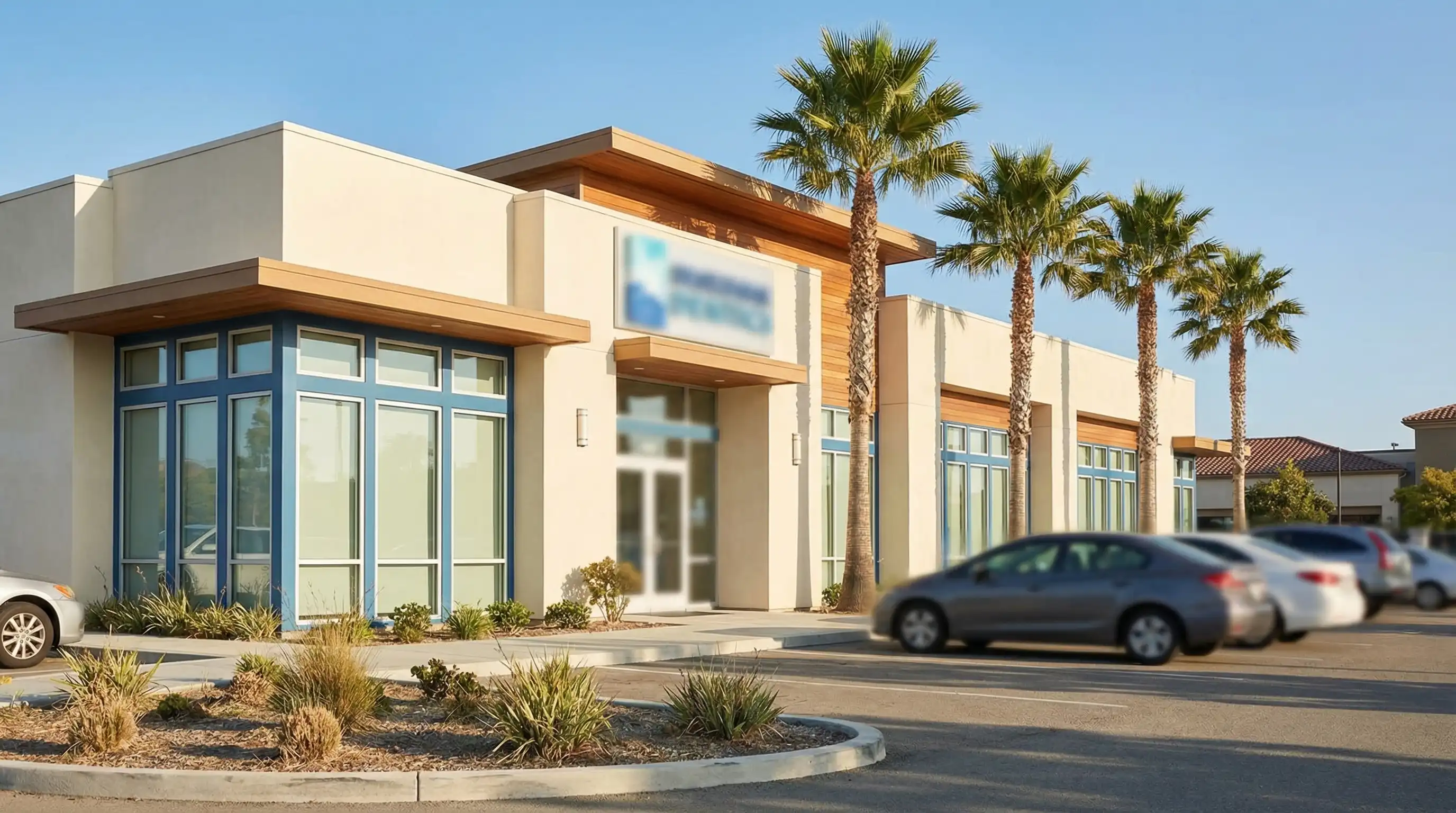 Clean modern dental practice exterior in Salinas CA with bilingual English/Spanish signage, palm tree, sunny California afternoon