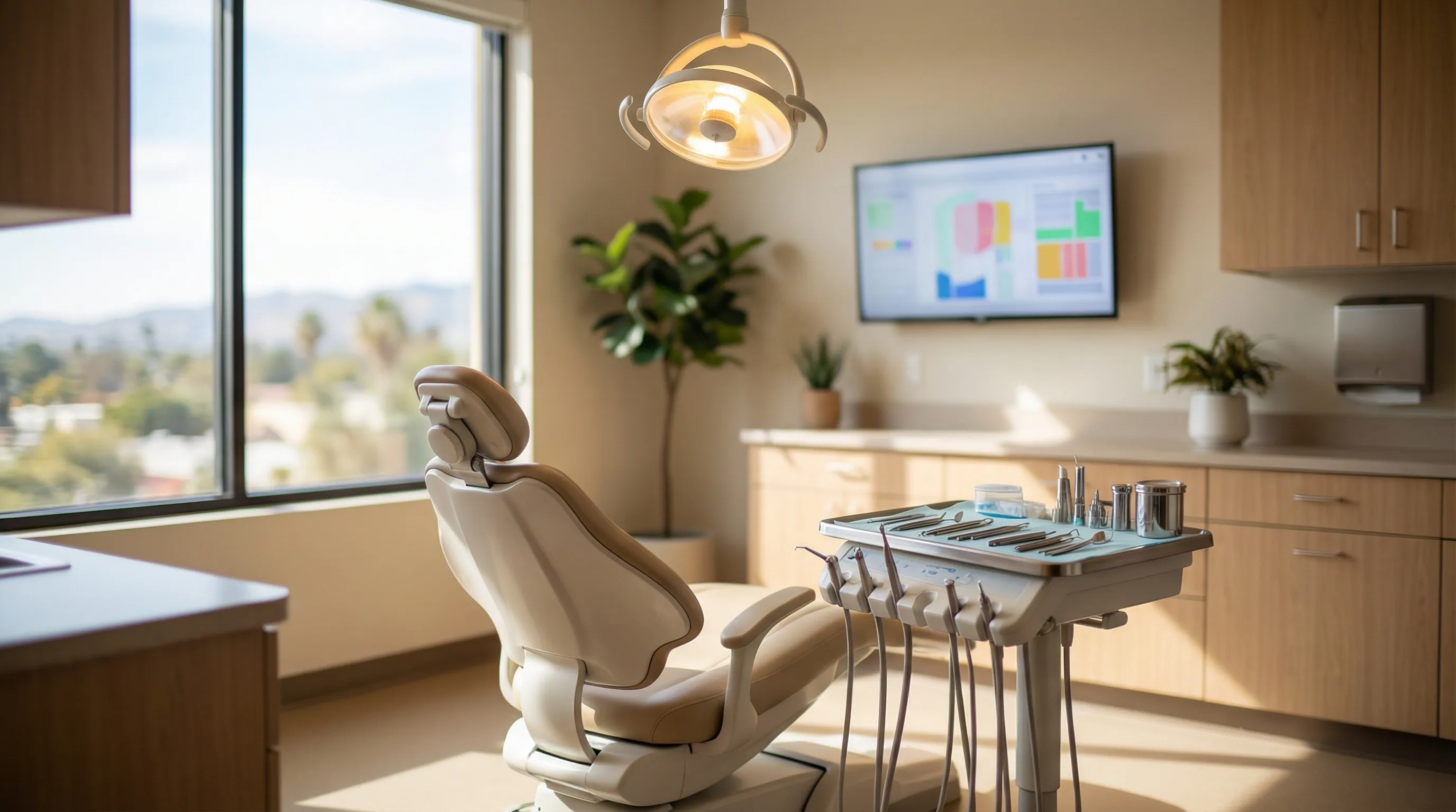 Clean modern dental practice exterior in Salinas CA with bilingual English/Spanish signage, palm tree, sunny California afternoon