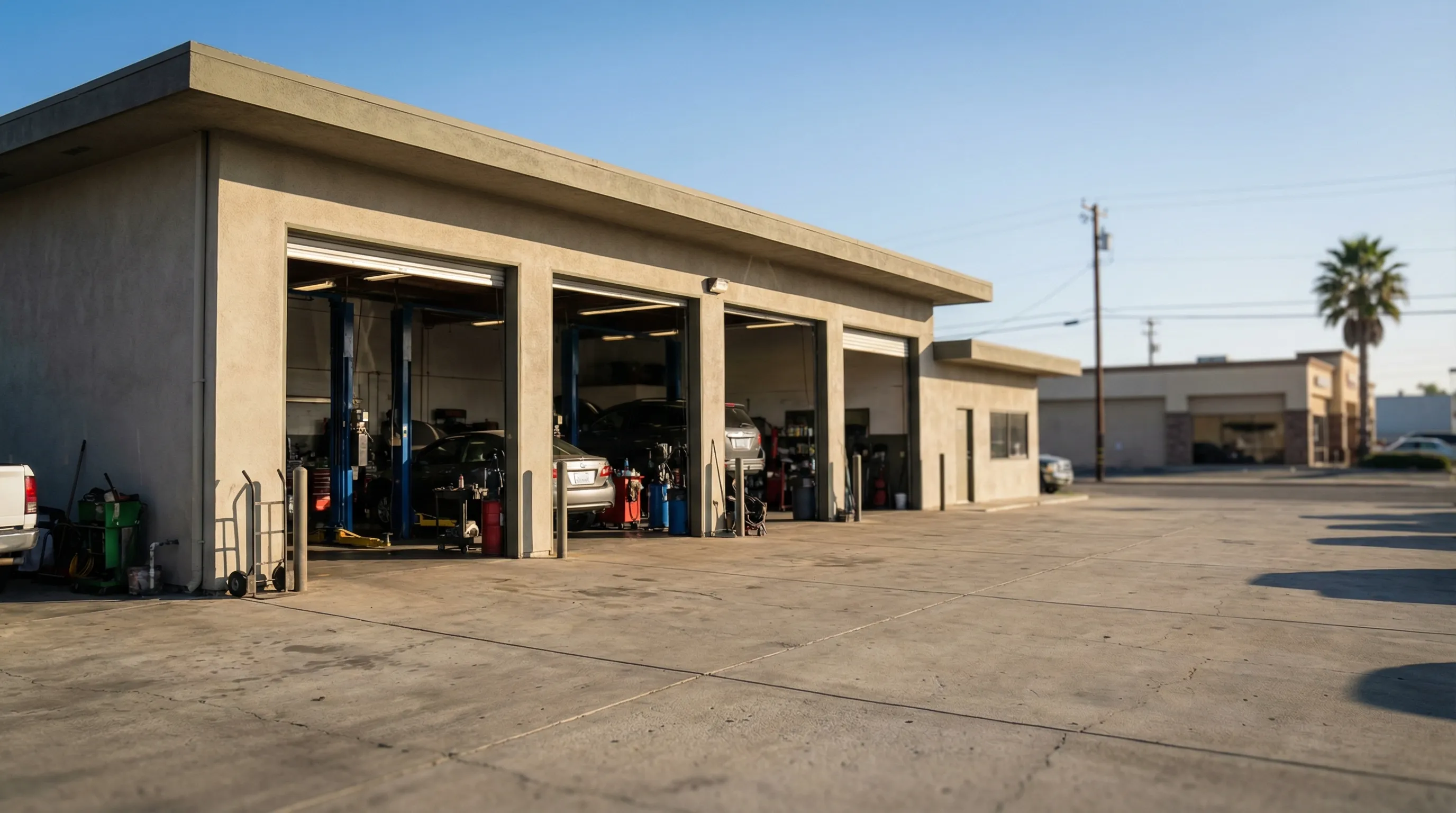 Independent auto repair shop in Salinas CA with open bays, mechanics in branded uniforms, commercial vehicles being serviced on sunny afternoon