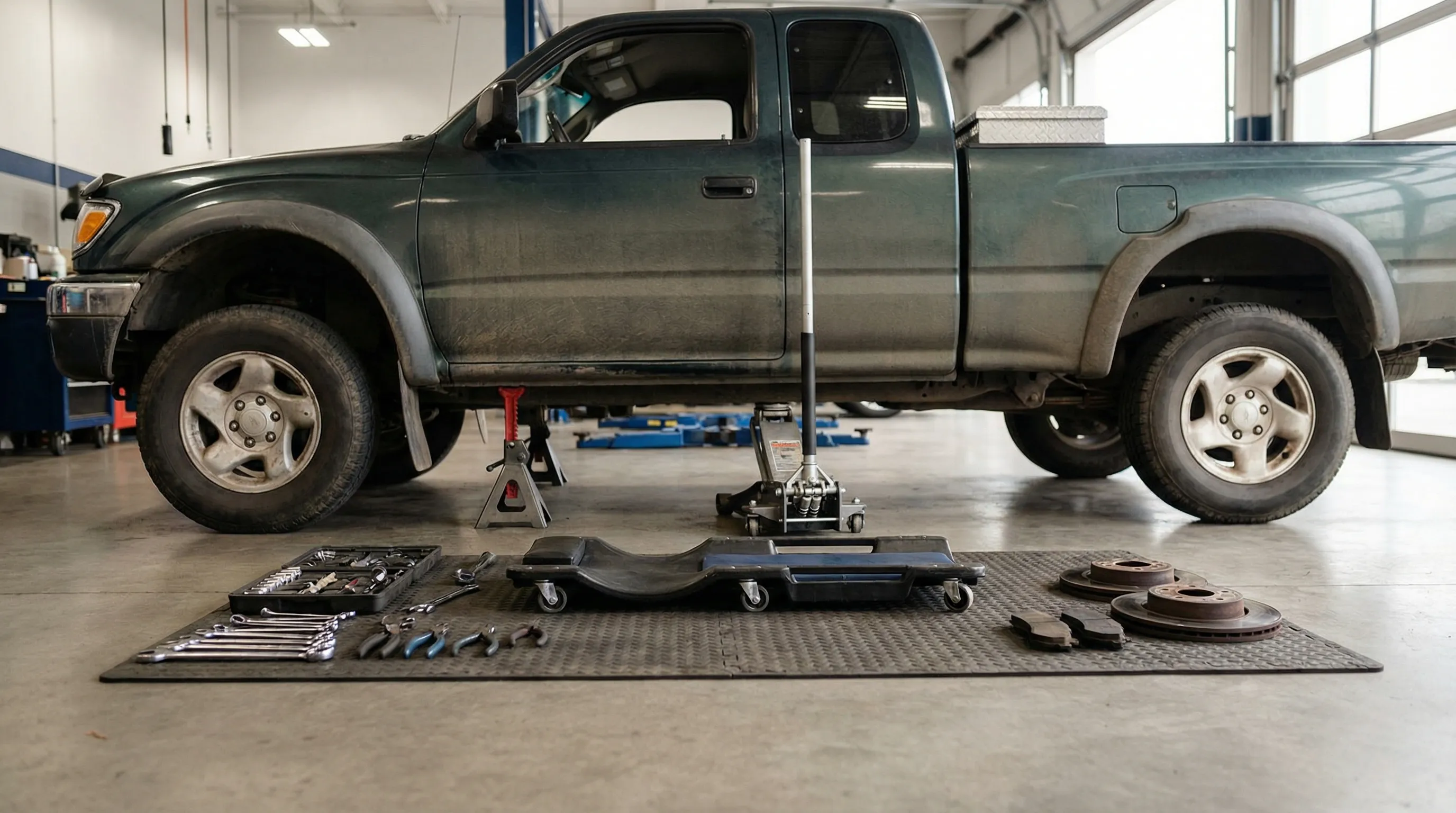 Independent auto repair shop in Salinas CA with open bays, mechanics in branded uniforms, commercial vehicles being serviced on sunny afternoon