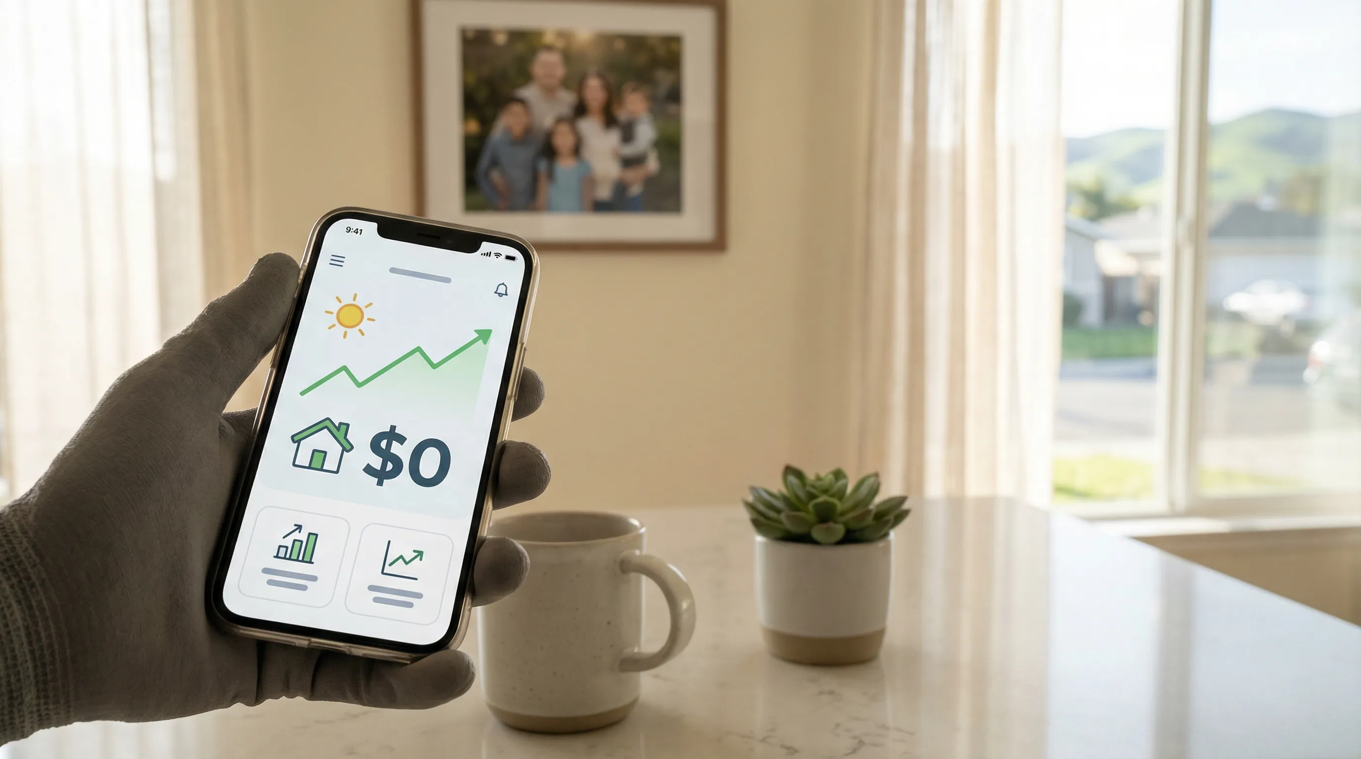 Solar panels installed on California ranch home roof in Salinas with agricultural fields visible in background and Hispanic homeowner couple on front lawn