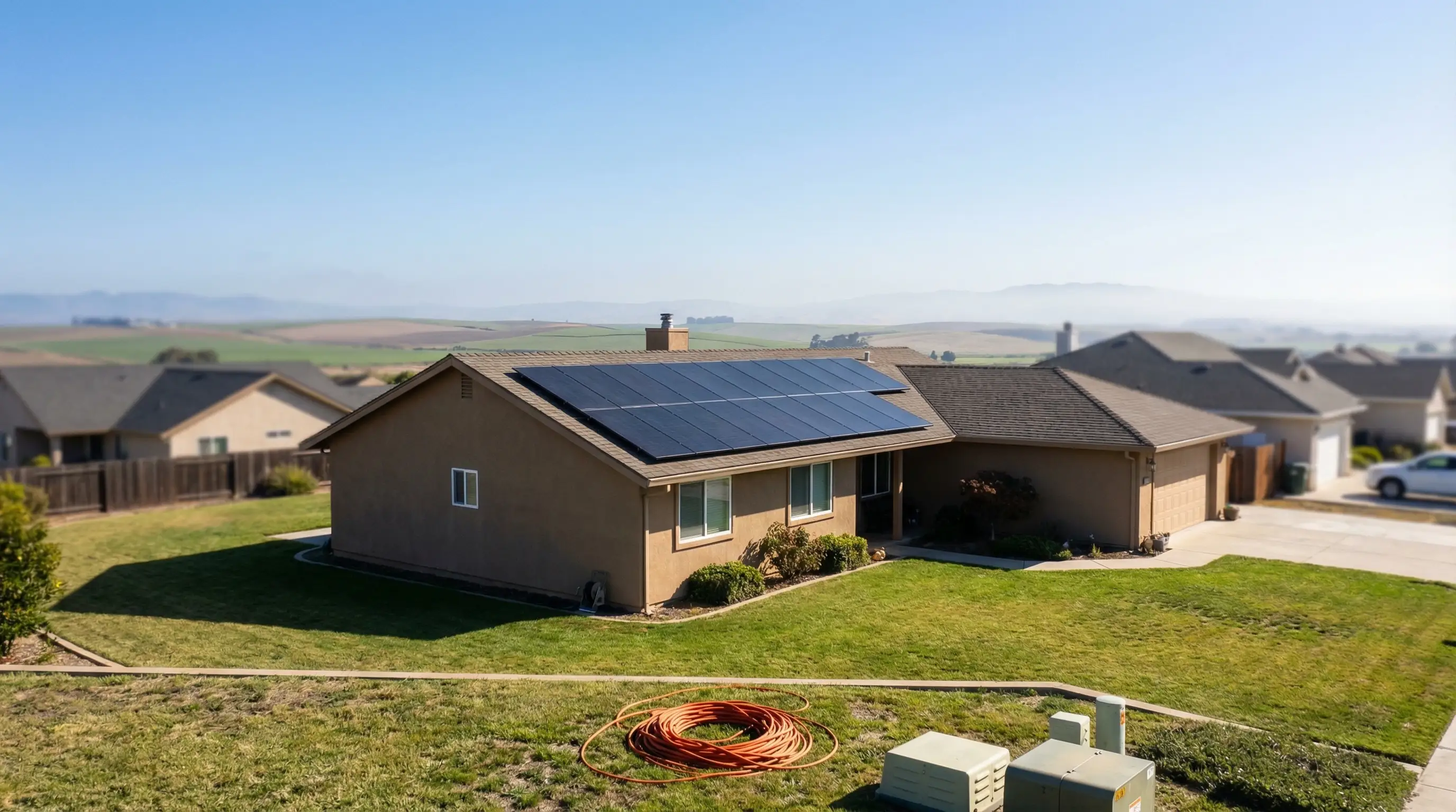 Solar panels installed on California ranch home roof in Salinas with agricultural fields visible in background and Hispanic homeowner couple on front lawn