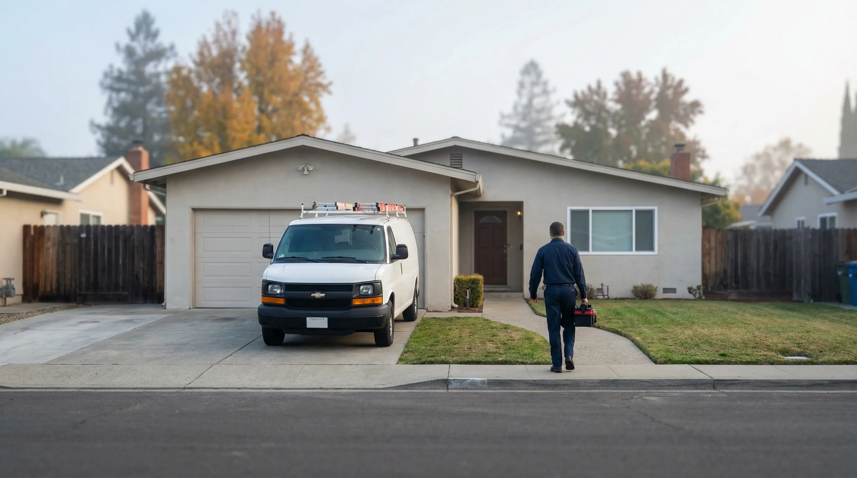 Professional HVAC technician servicing an indoor air handler unit in a Hayward, CA home