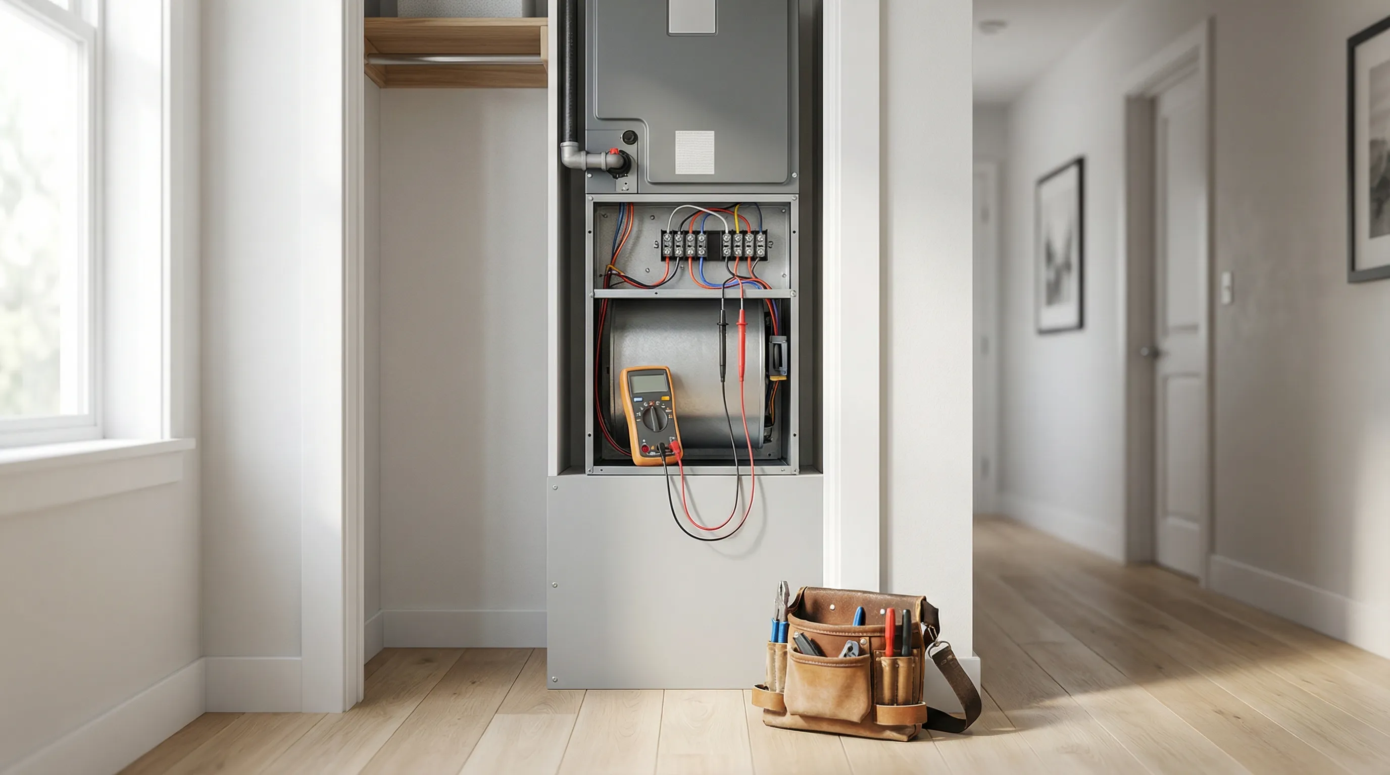 Professional HVAC technician servicing an indoor air handler unit in a Hayward, CA home