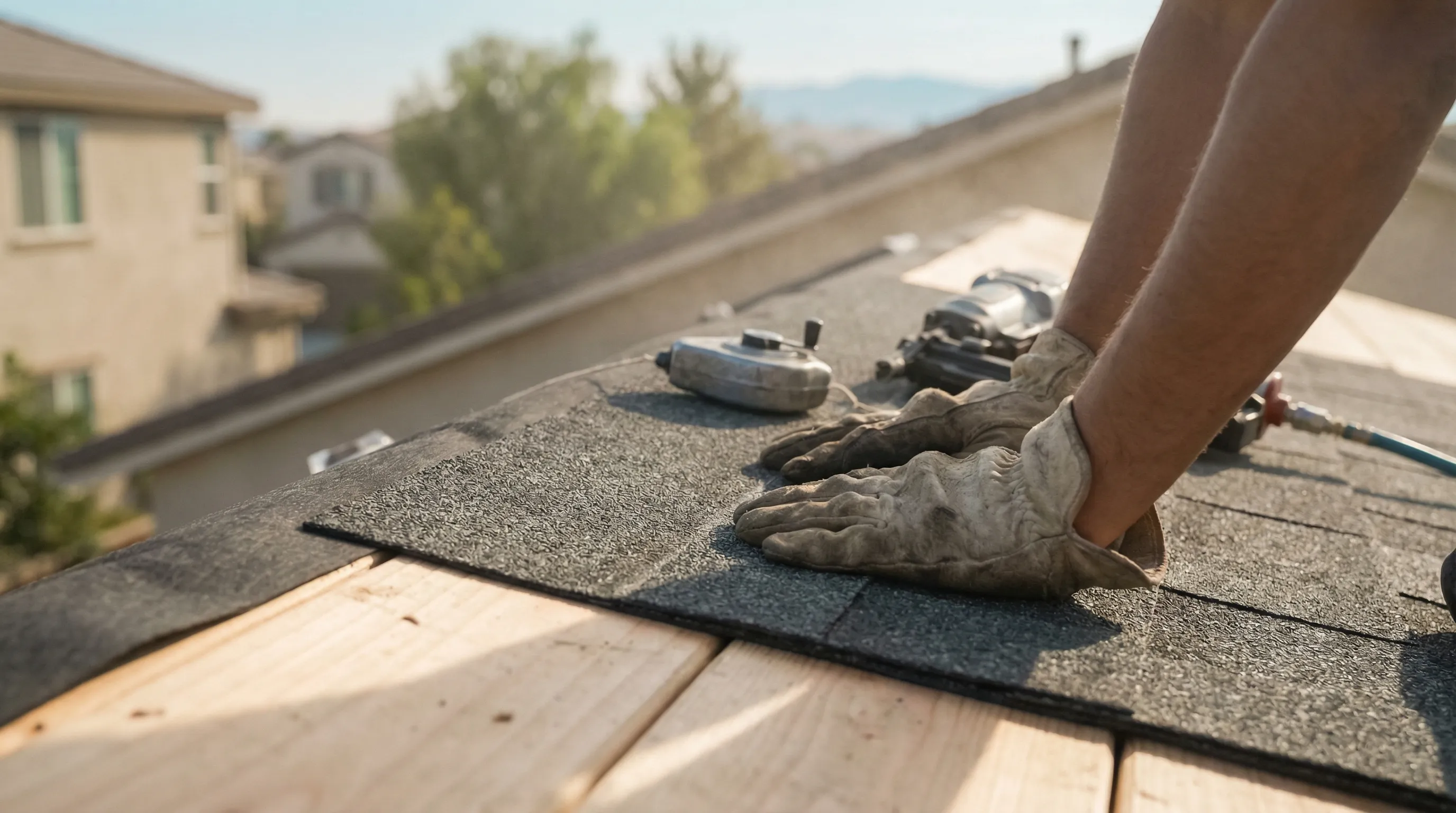 Professional roofing contractors installing architectural shingles on a residential home in Hayward, CA