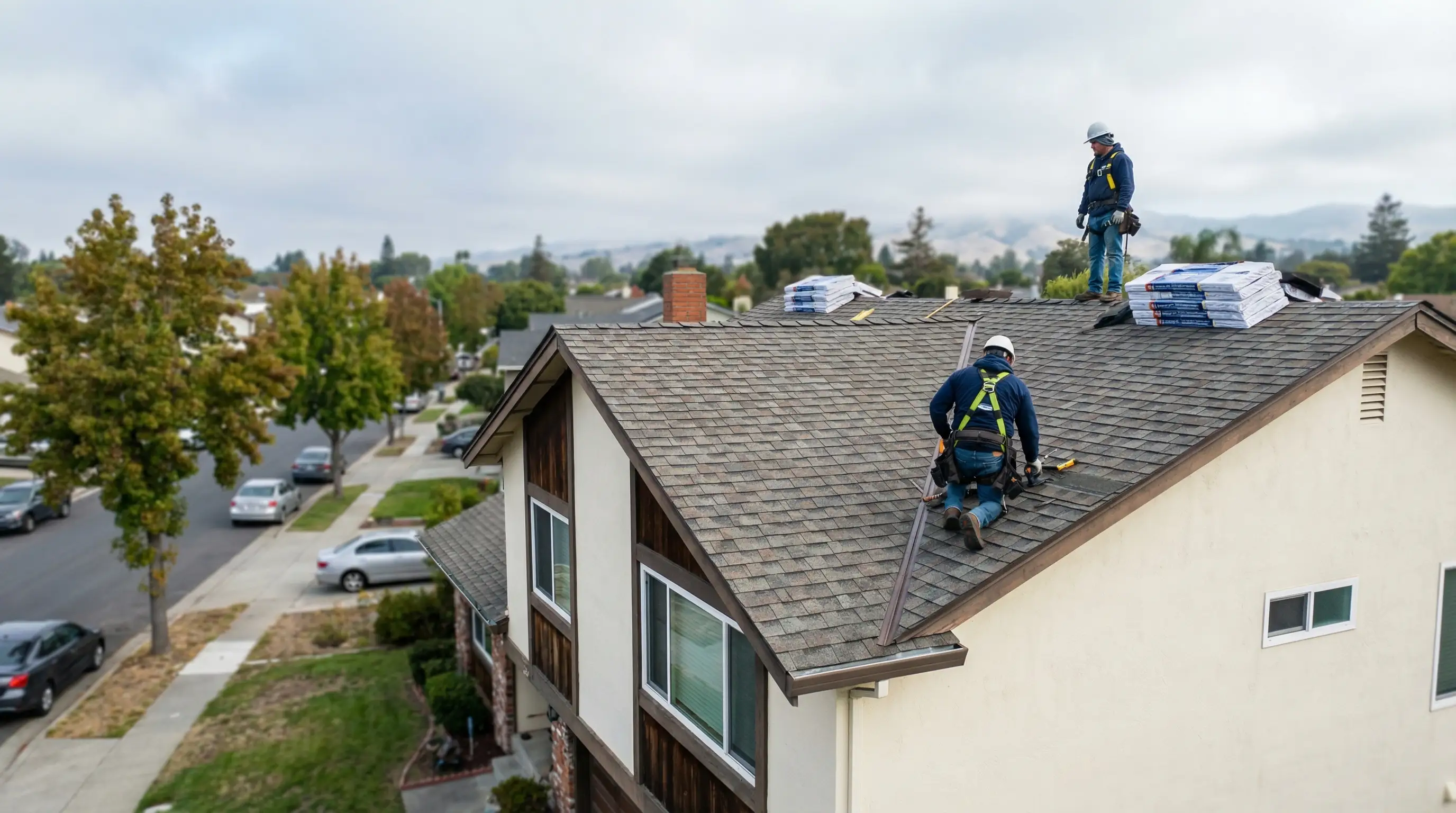 Professional roofing contractors installing architectural shingles on a residential home in Hayward, CA