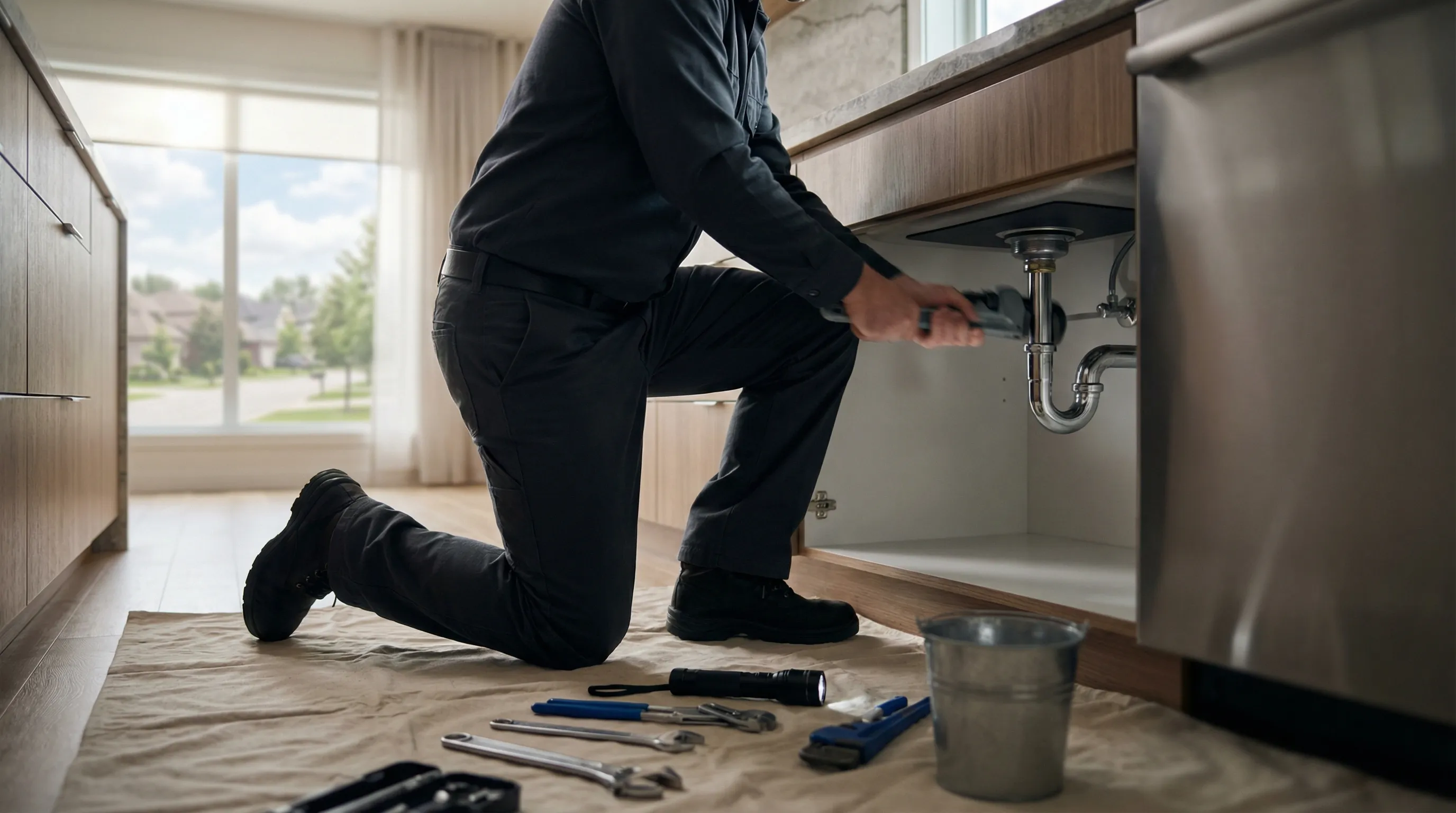 Licensed plumber repairing pipes under a kitchen sink in a Hayward, CA residential home
