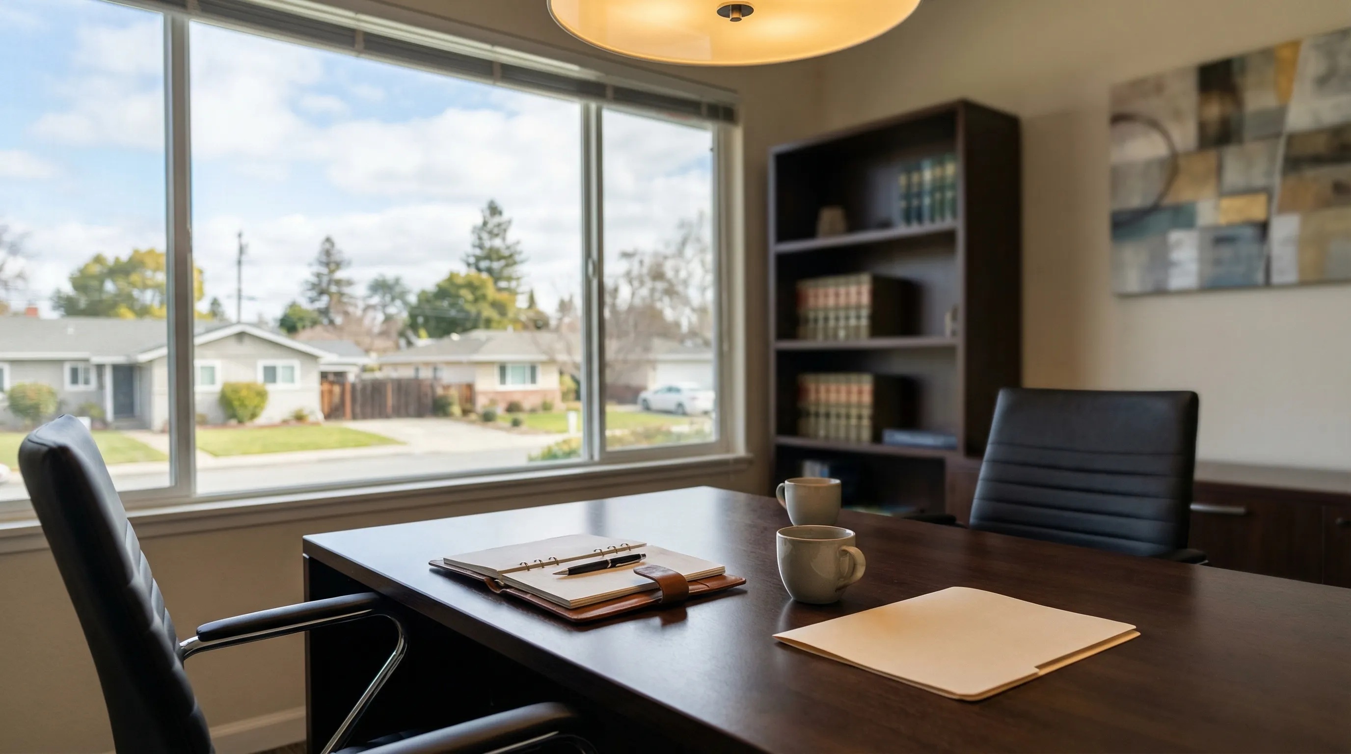 Professional attorney standing outside a law office building in Hayward, CA with mature street trees and professional signage