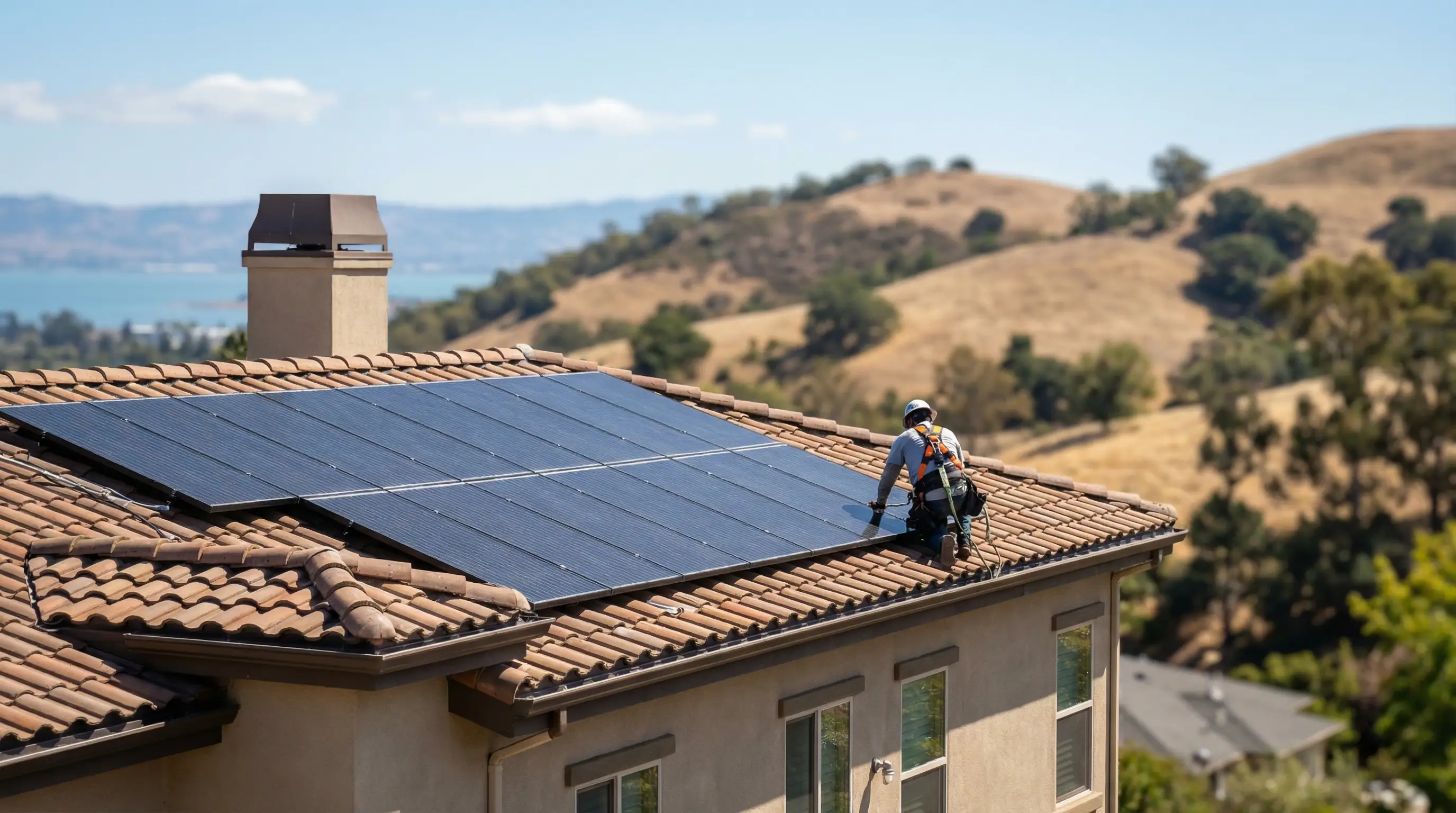 Solar installation technician in safety harness working on rooftop solar panels on a Hayward hillside home with East Bay hills in background