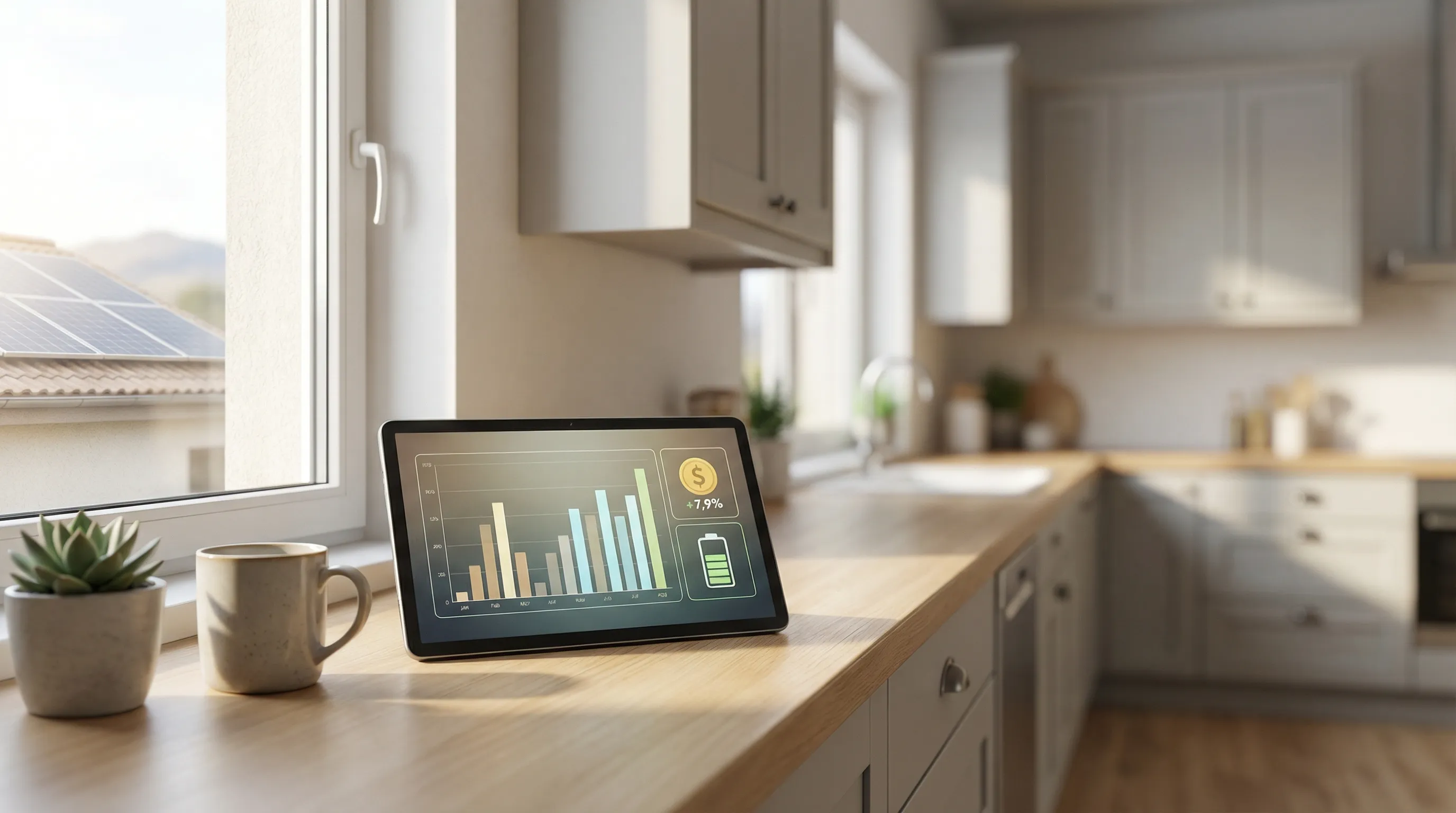 Solar installation technician in safety harness working on rooftop solar panels on a Hayward hillside home with East Bay hills in background