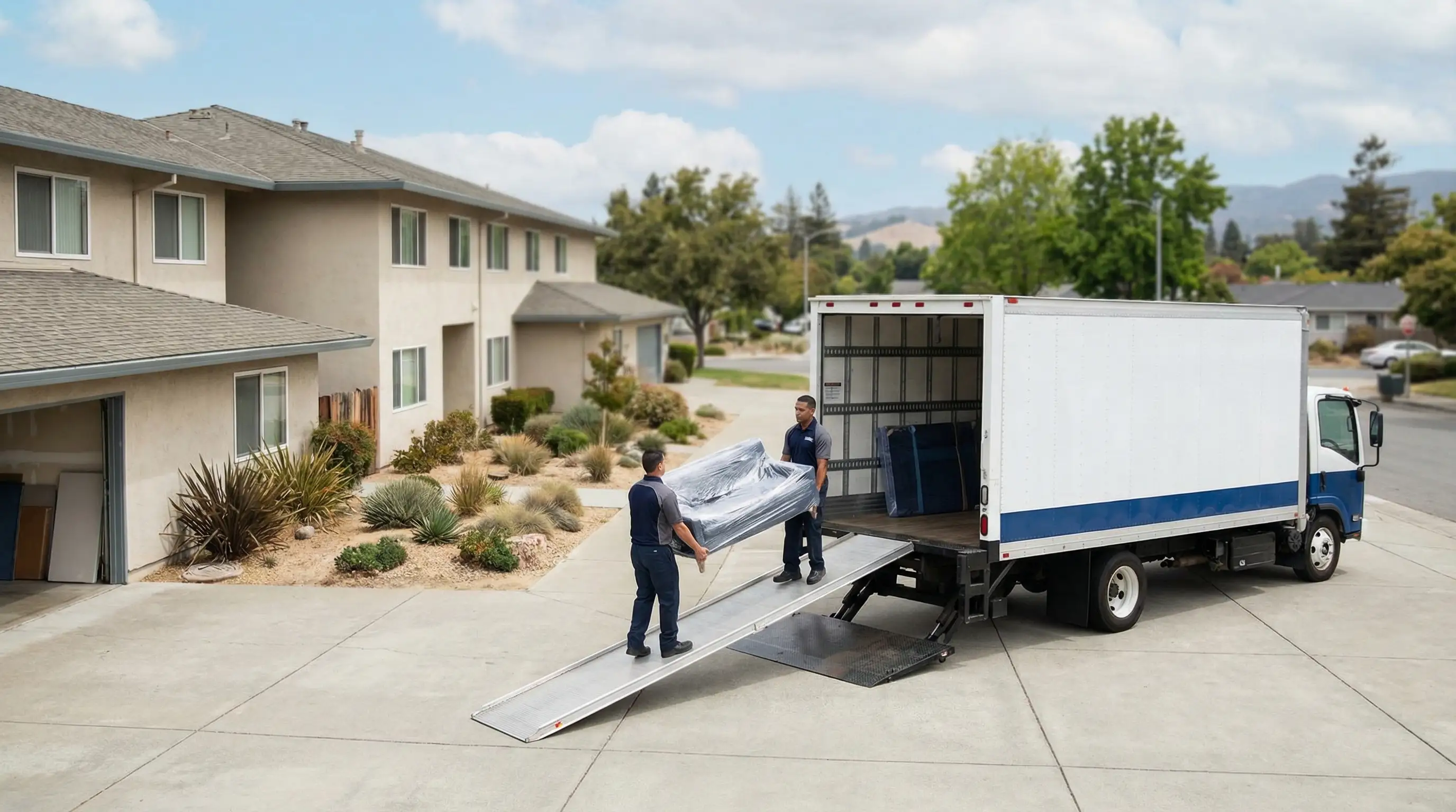 Professional movers in branded uniforms carrying furniture-wrapped items to a moving truck in front of a Hayward apartment complex