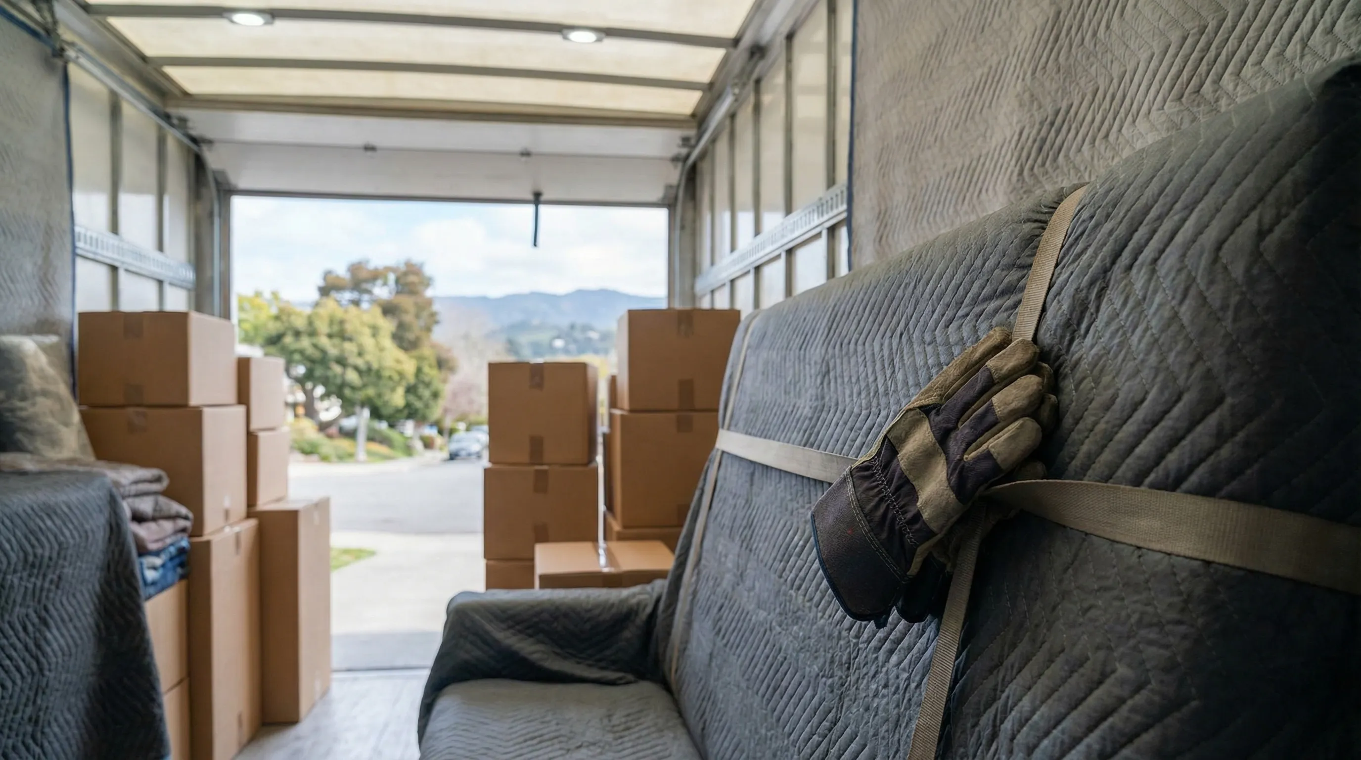 Professional movers in branded uniforms carrying furniture-wrapped items to a moving truck in front of a Hayward apartment complex
