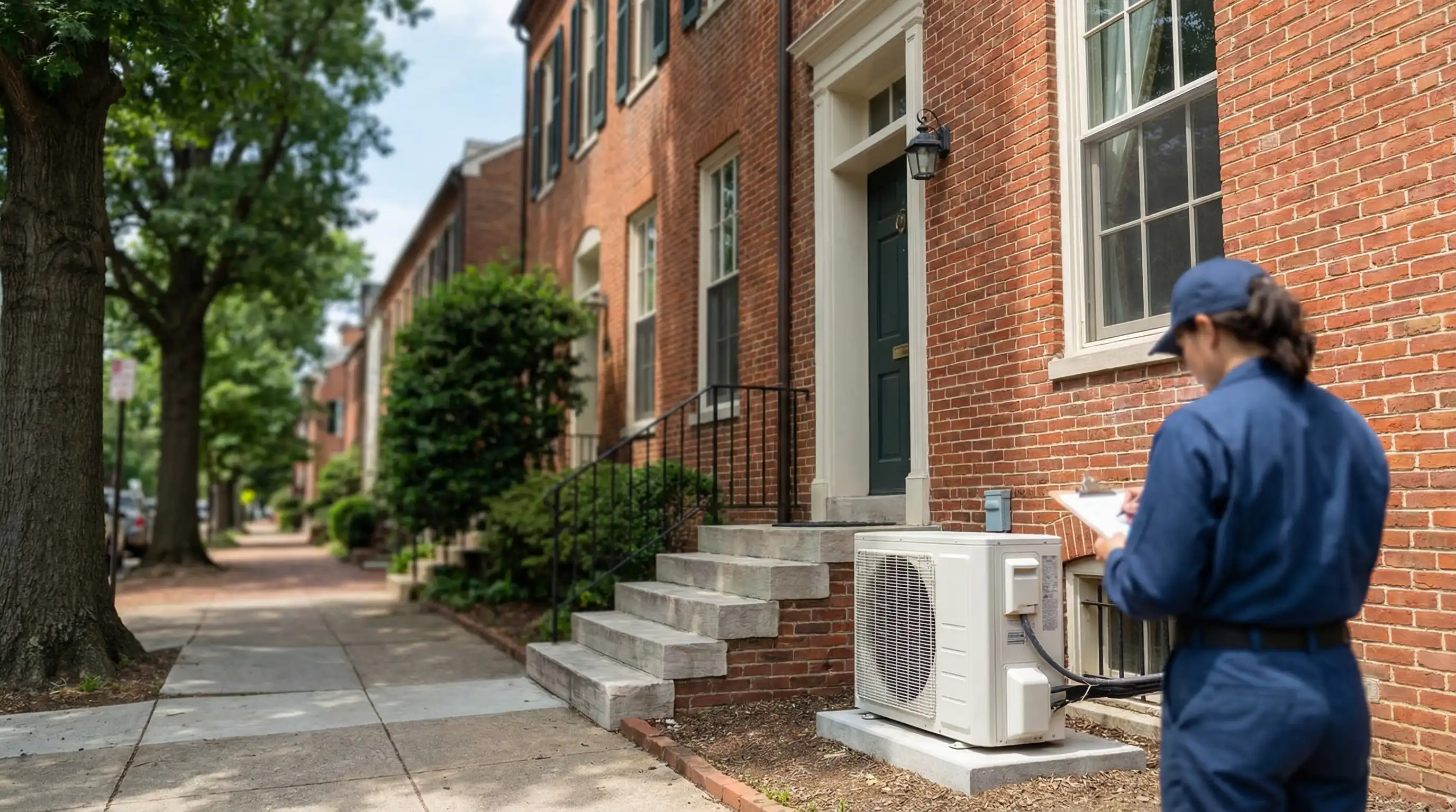 Professional HVAC technician servicing a system outside a historic brick rowhouse in Alexandria, VA