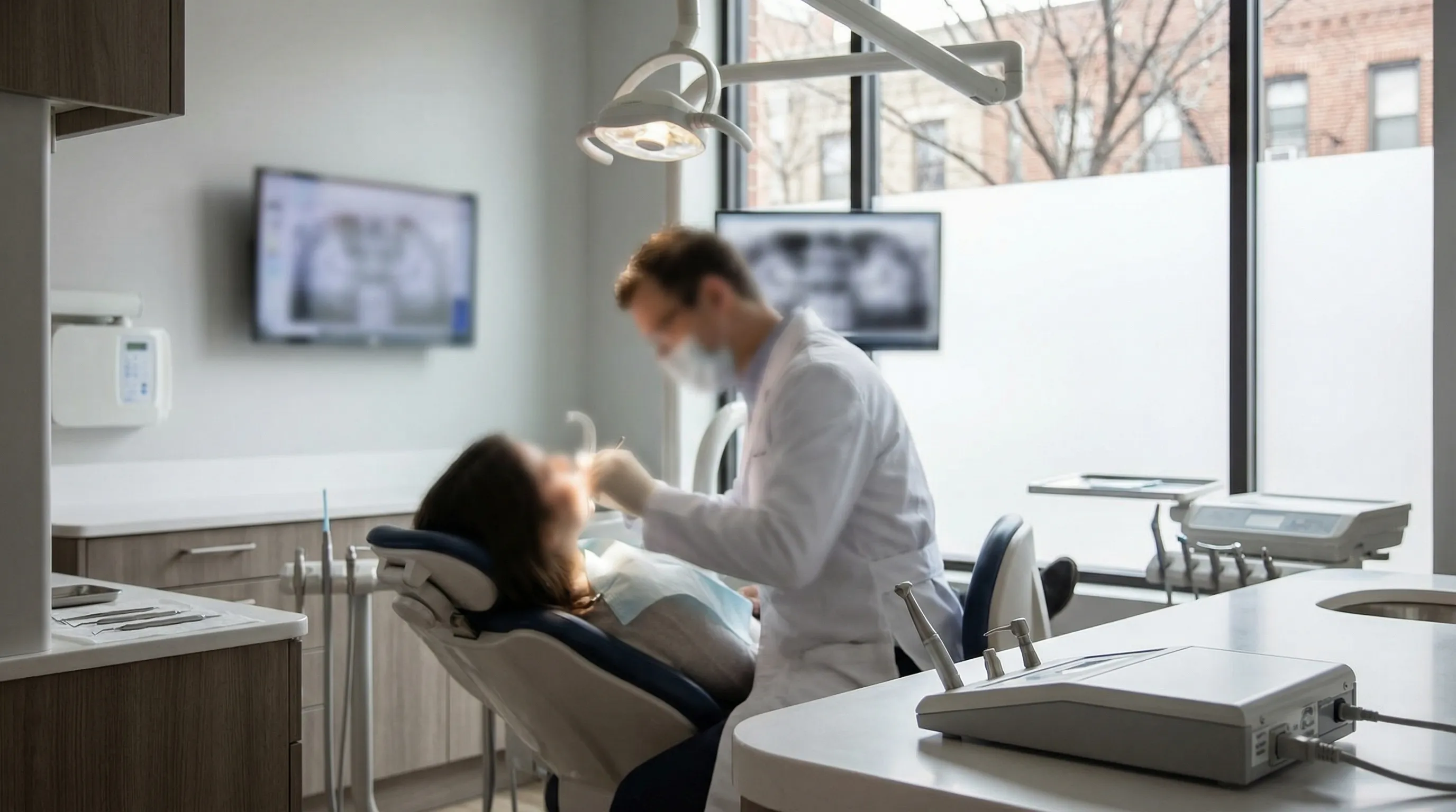 Modern dental practice interior in Alexandria, VA with a professional dentist and patient in a treatment room