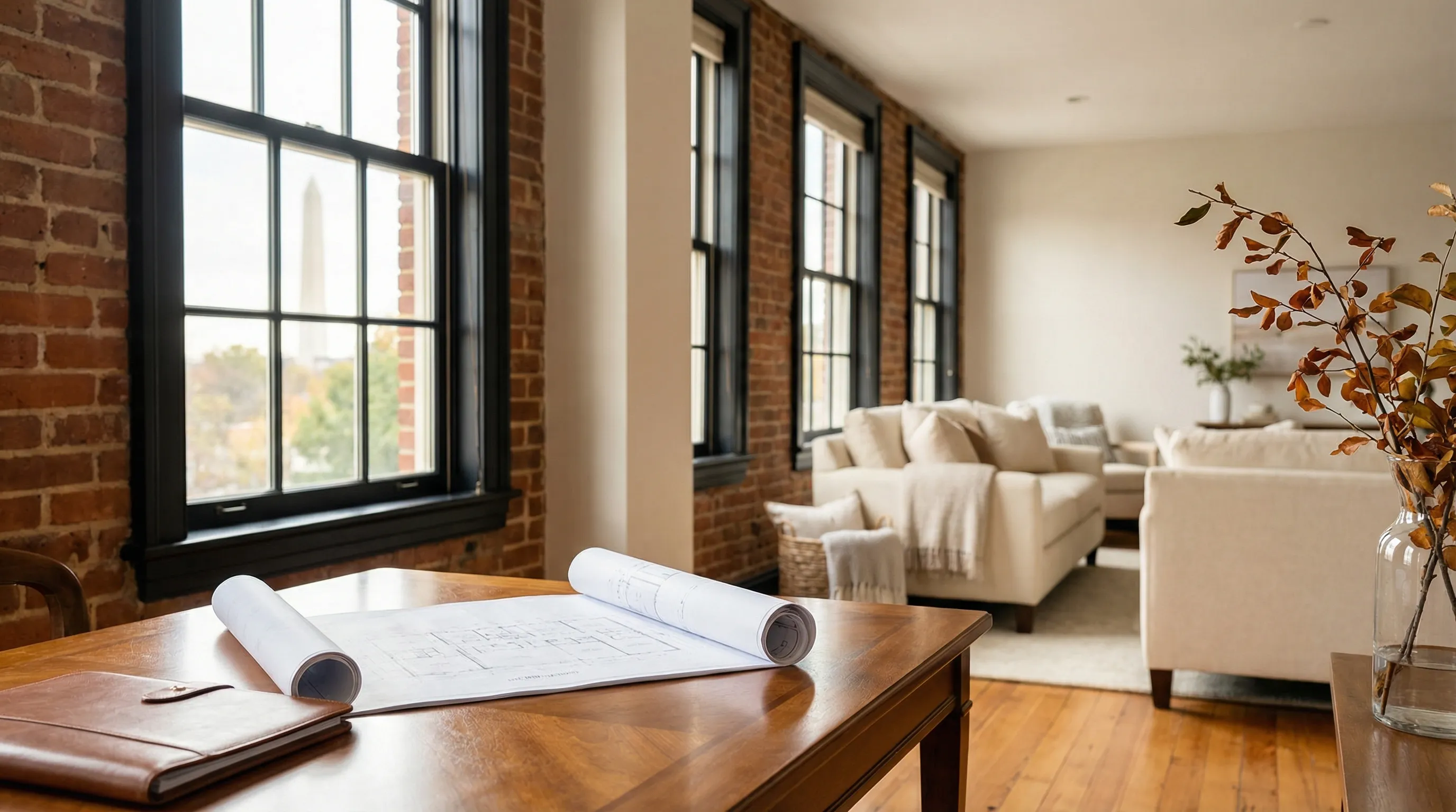 Historic Federal-style brick townhome on a tree-lined street in Old Town Alexandria, VA with a for sale sign in front
