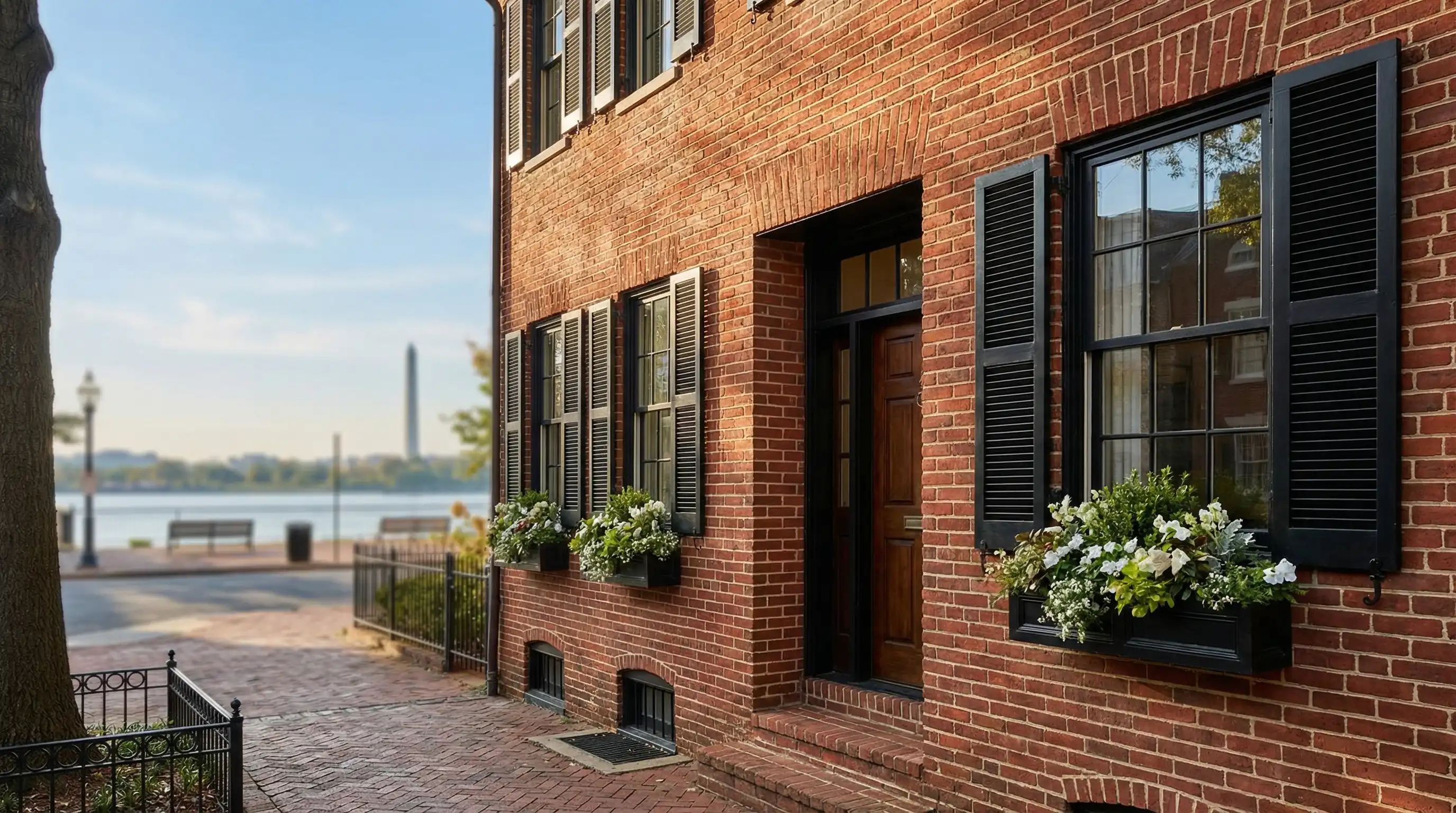 Historic Federal-style brick townhome on a tree-lined street in Old Town Alexandria, VA with a for sale sign in front