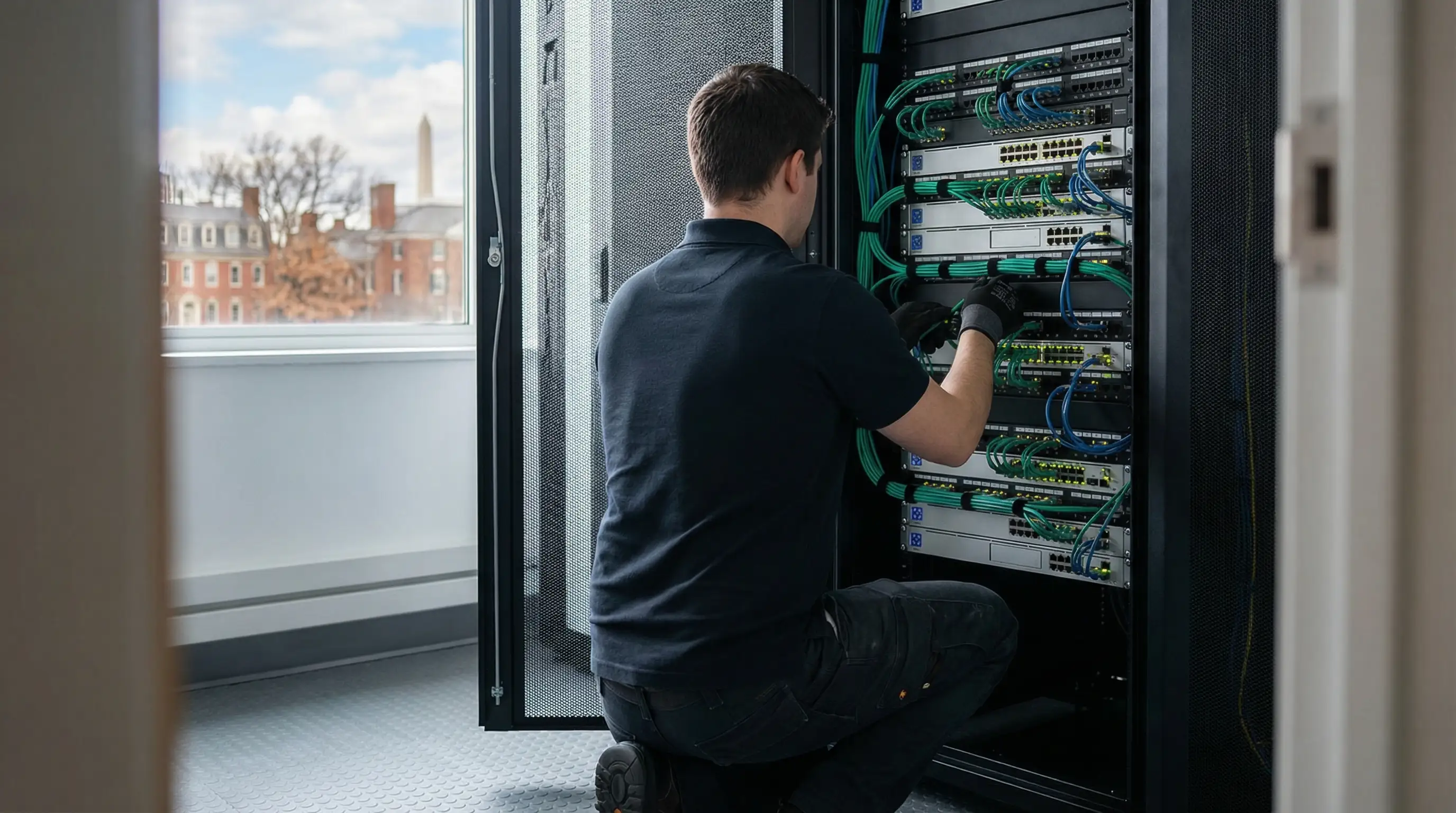 Professional IT technician configuring network equipment in a clean, well-organized server room inside a small office building in Alexandria, VA