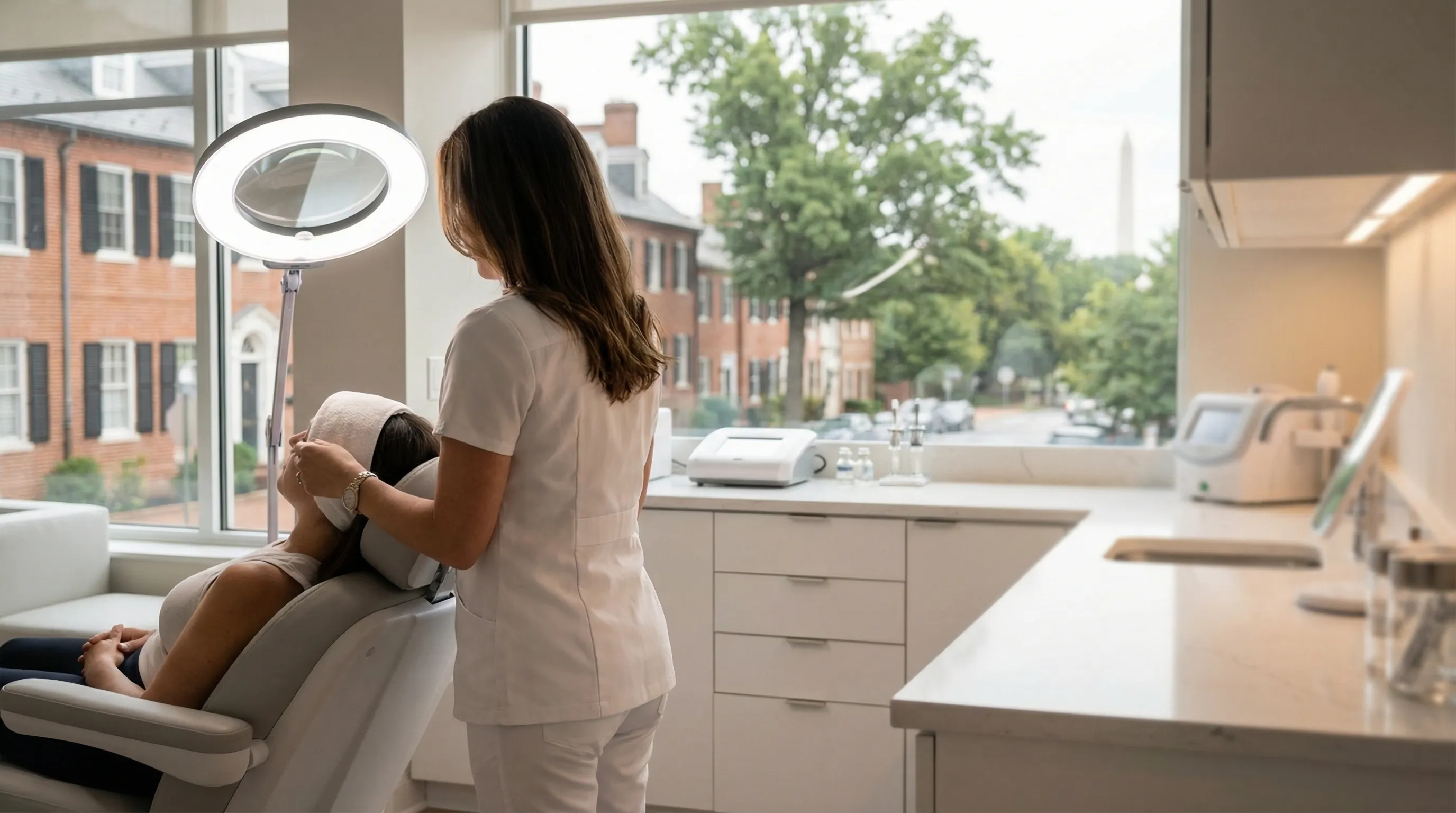 Aesthetician in a white uniform performing an injectable treatment on a client in a clean, warmly lit medspa treatment room in Alexandria, VA