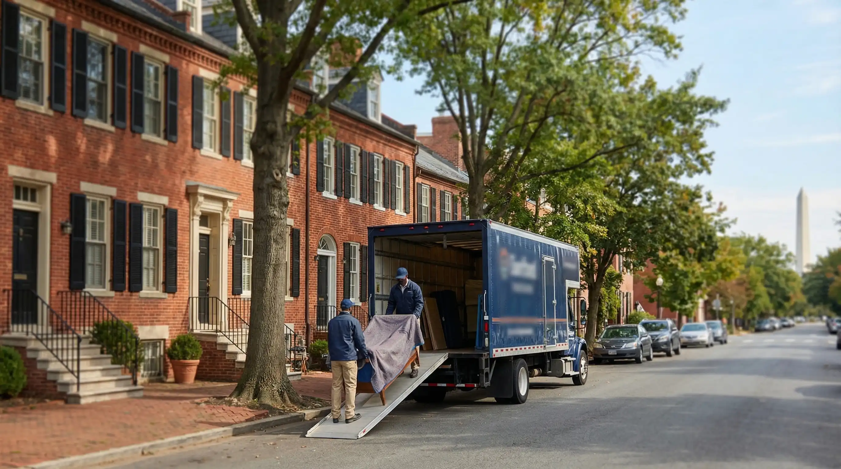 Professional movers in branded uniforms loading furniture onto a moving truck in front of a red brick rowhouse on a tree-lined street in Old Town Alexandria, VA