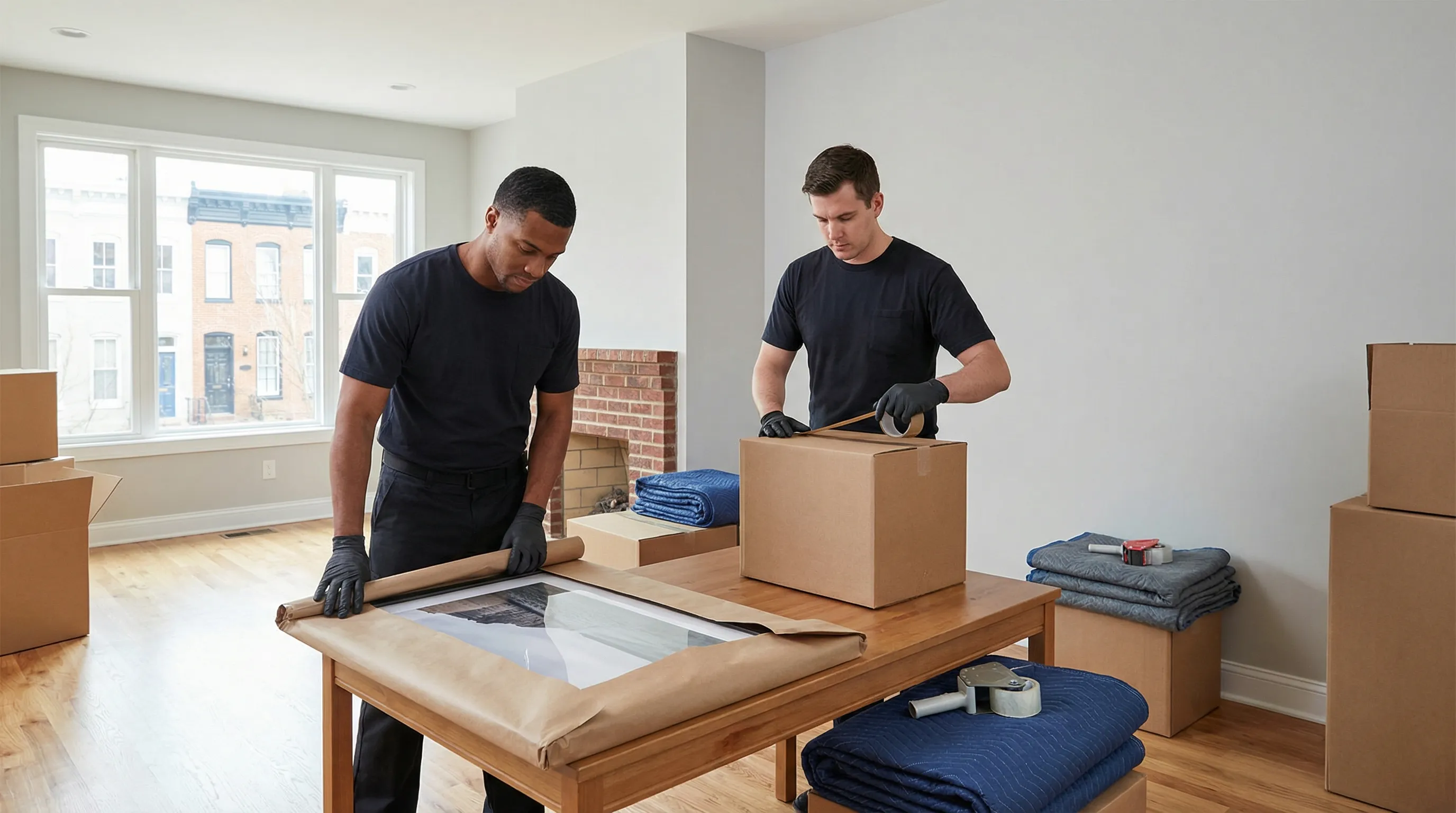 Professional movers in branded uniforms loading furniture onto a moving truck in front of a red brick rowhouse on a tree-lined street in Old Town Alexandria, VA