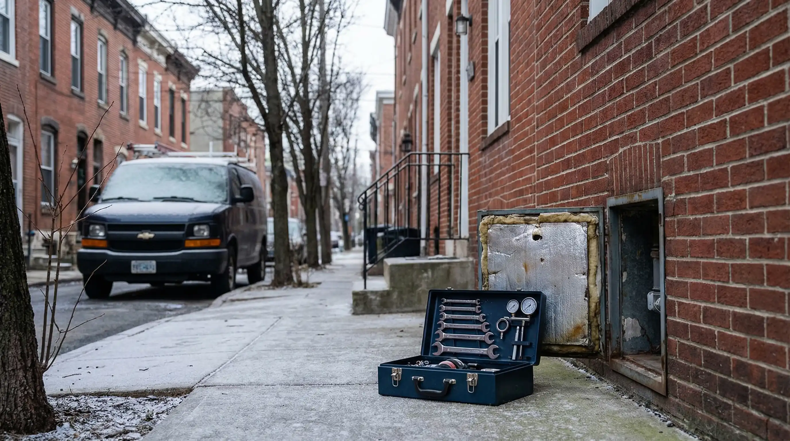 Professional HVAC technician servicing a boiler system in a multi-family building in Paterson, NJ