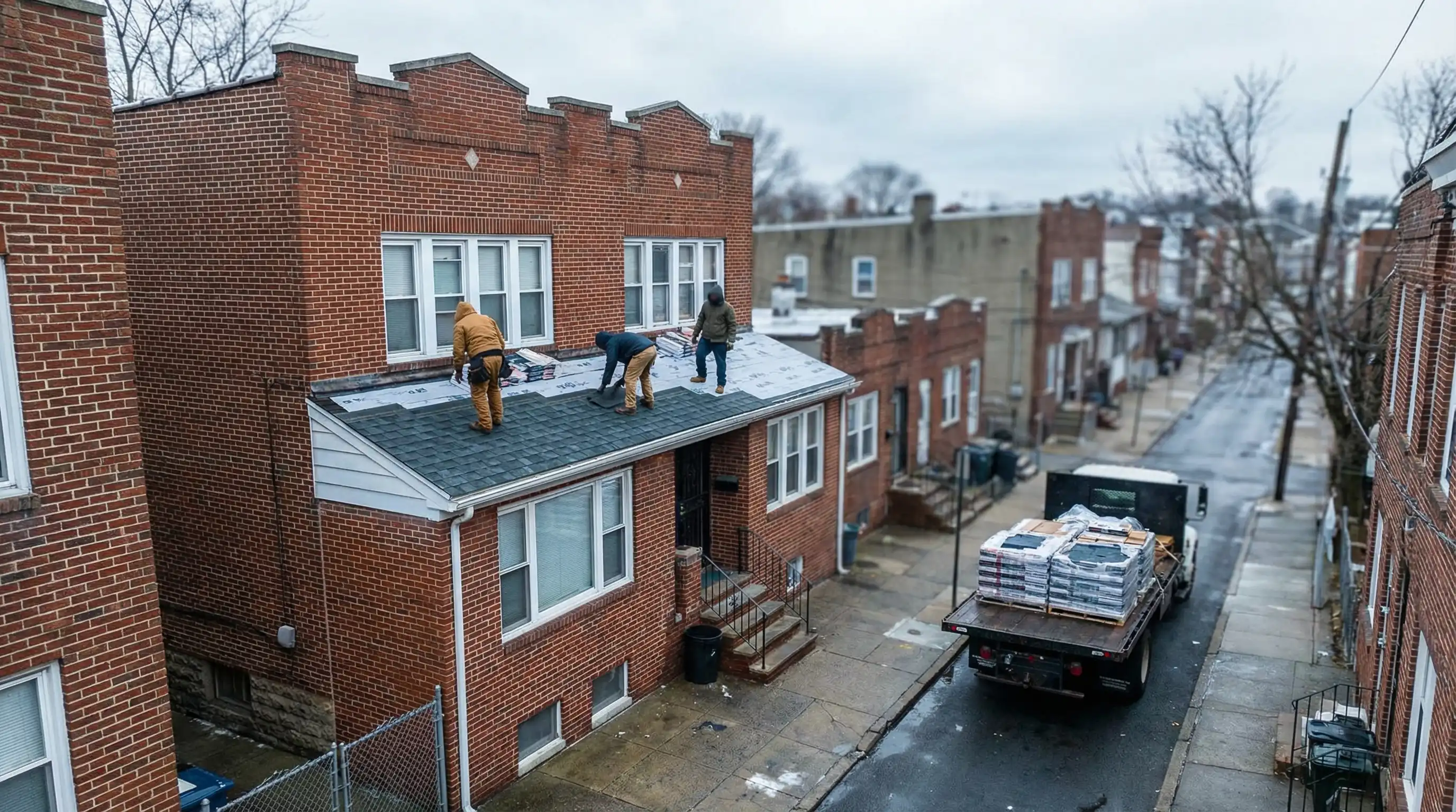 Roofing contractor working on a flat roof replacement on a multi-family building in Paterson, NJ
