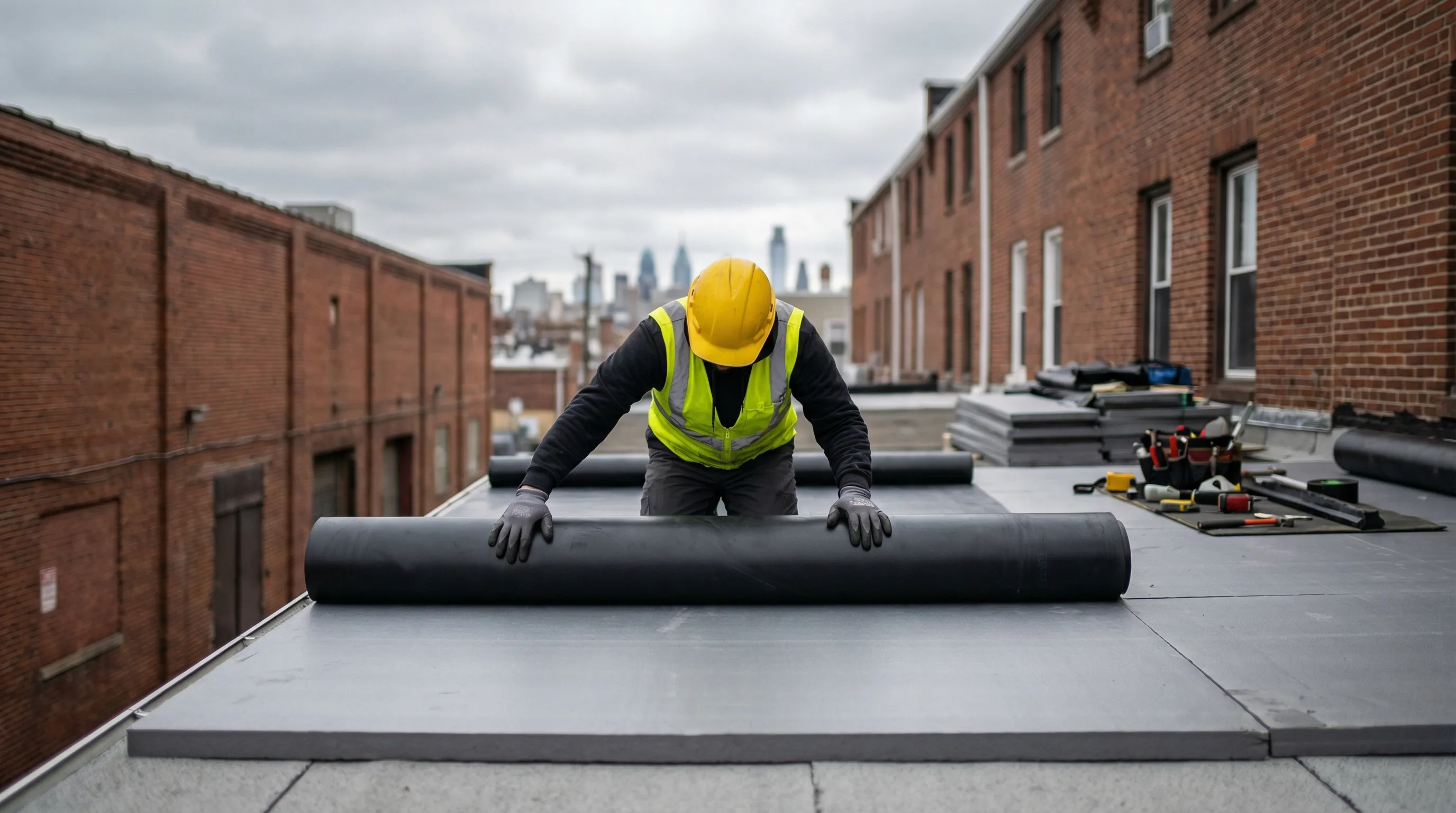 Roofing contractor working on a flat roof replacement on a multi-family building in Paterson, NJ