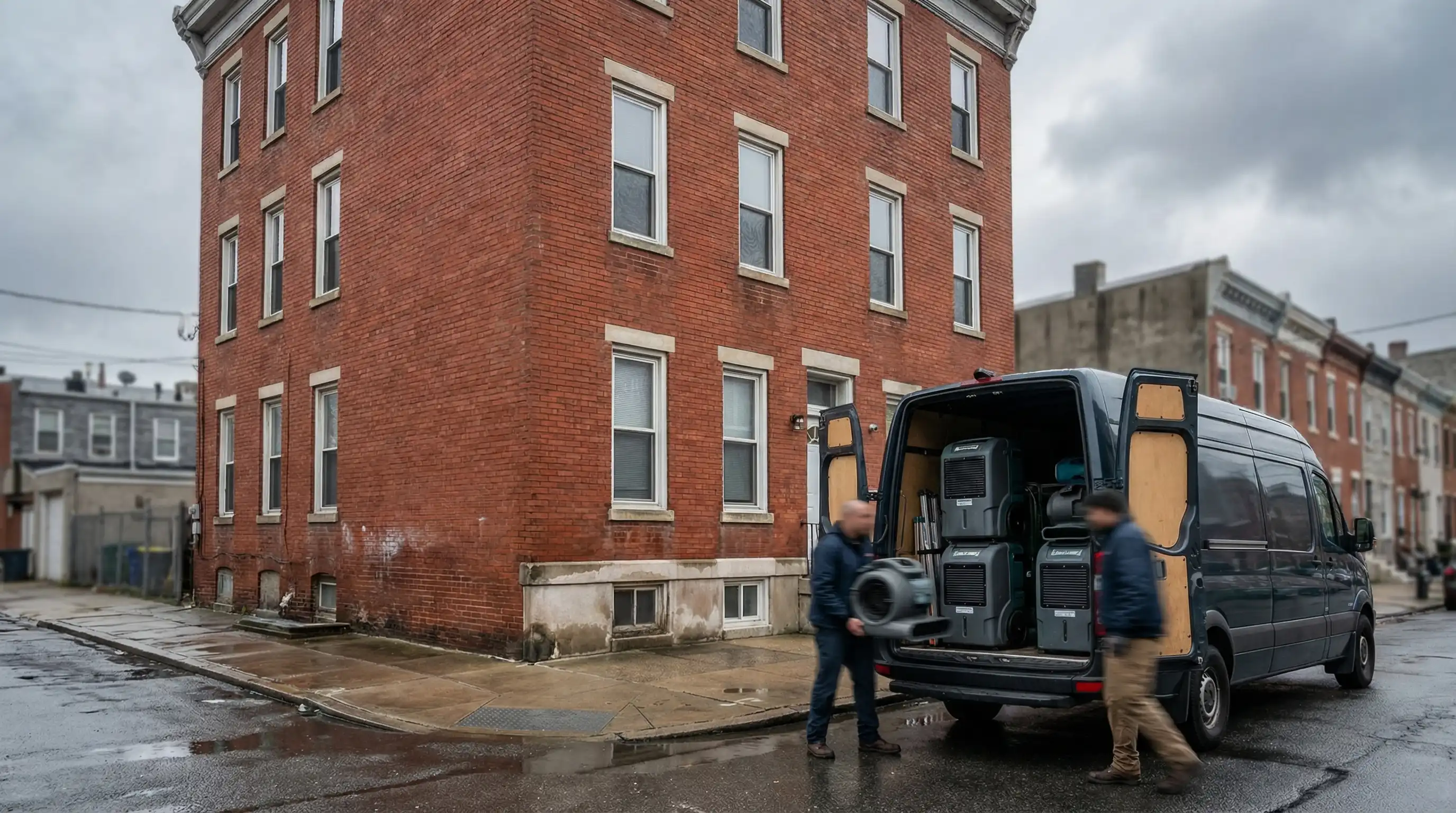 Water damage restoration crew setting up dehumidifiers in a flooded basement of a Paterson, NJ multi-family building