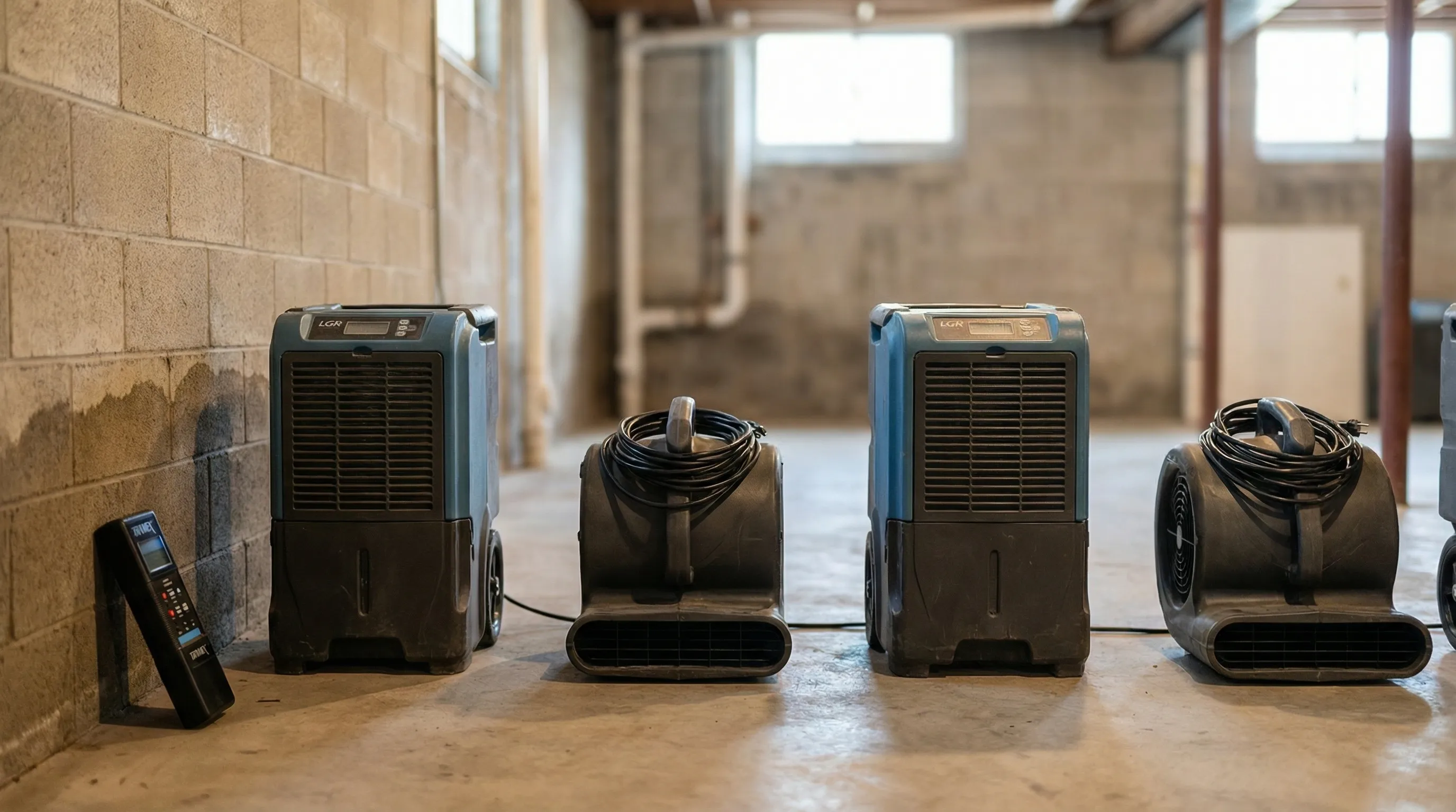 Water damage restoration crew setting up dehumidifiers in a flooded basement of a Paterson, NJ multi-family building